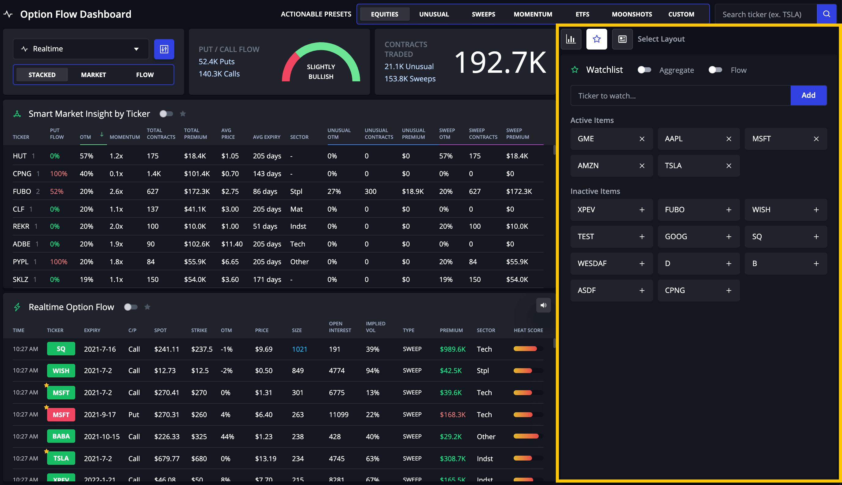 InsiderFinance custom watchlist feature on options flow and dark pool dashboard