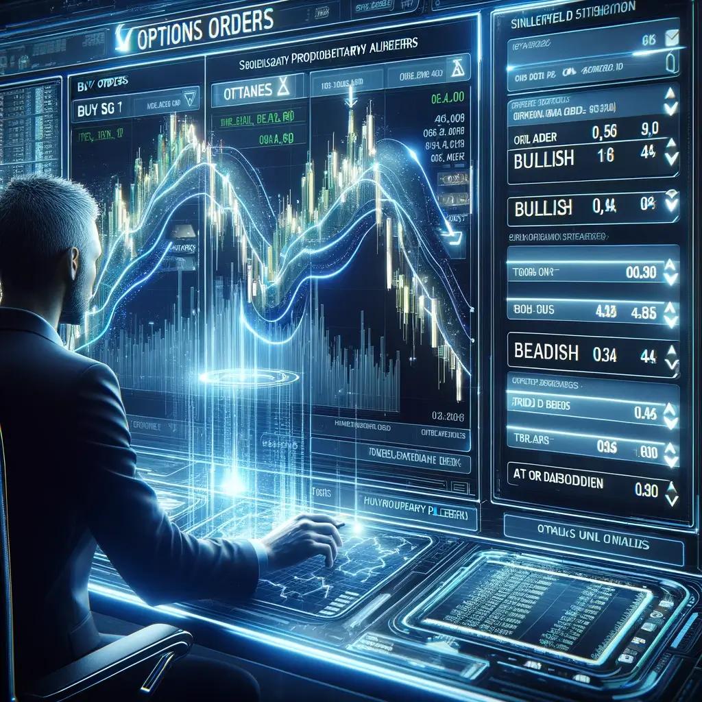 A professional trader analyzing options flow buy orders on a bright screen, clearly marked to show bullish or bearish intent