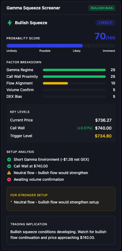 SPY Gamma Squeeze Screener showing the Bullish Squeeze Likely 70/100 screener.
