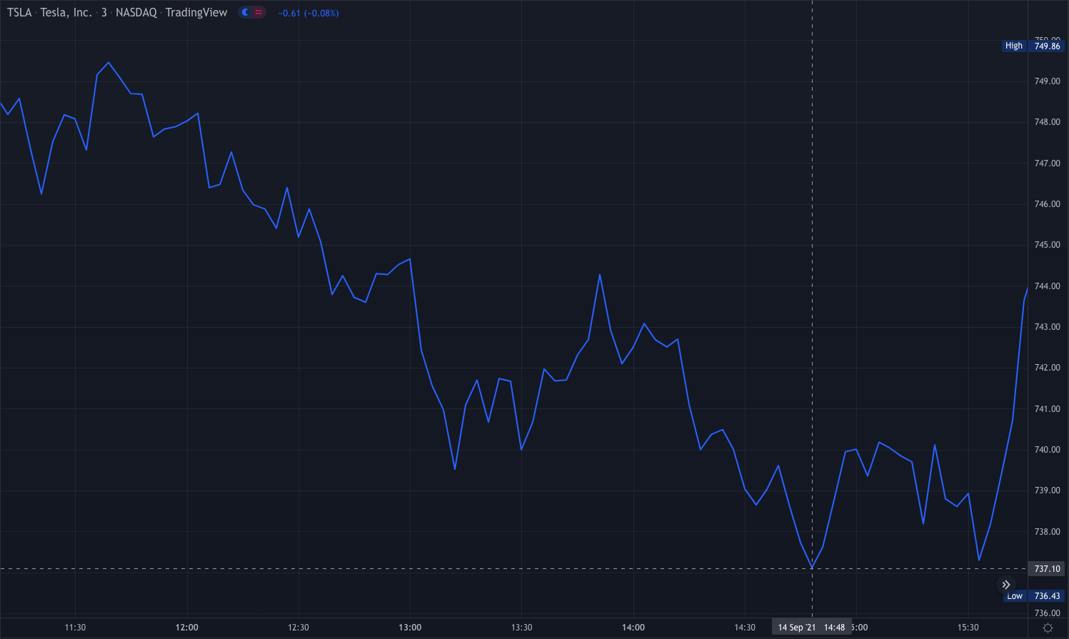 TSLA TradingView chart showing a support level after dark pool prints are reported