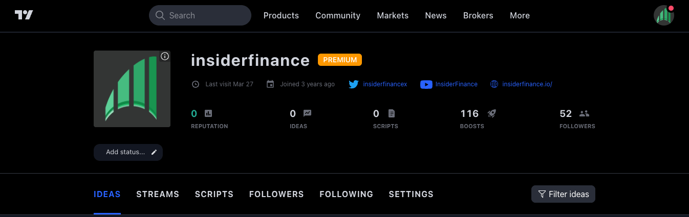 TradingView profile page displaying the TradingView username and account information