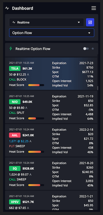 Real-Time options flow on InsiderFinance mobile app with unusual options activity highlighted