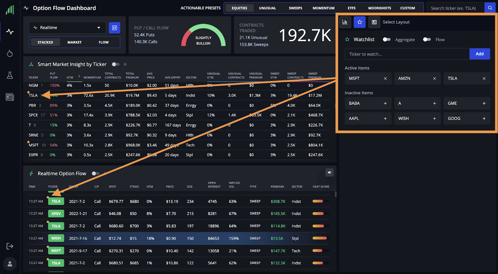 InsiderFinance custom watchlist feature showing filtered options flow and dark pool trades