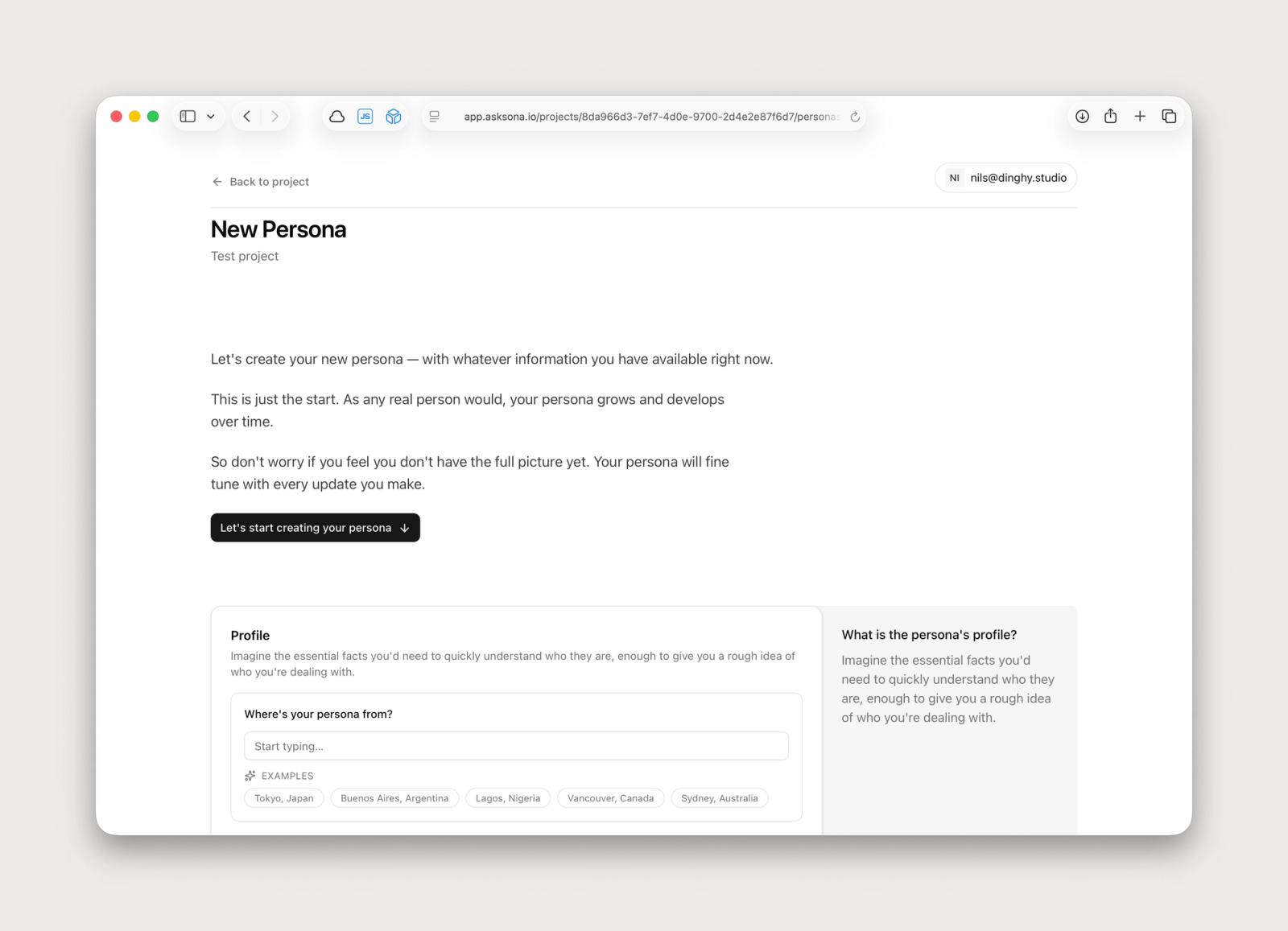 Screenshot of the persona wizard