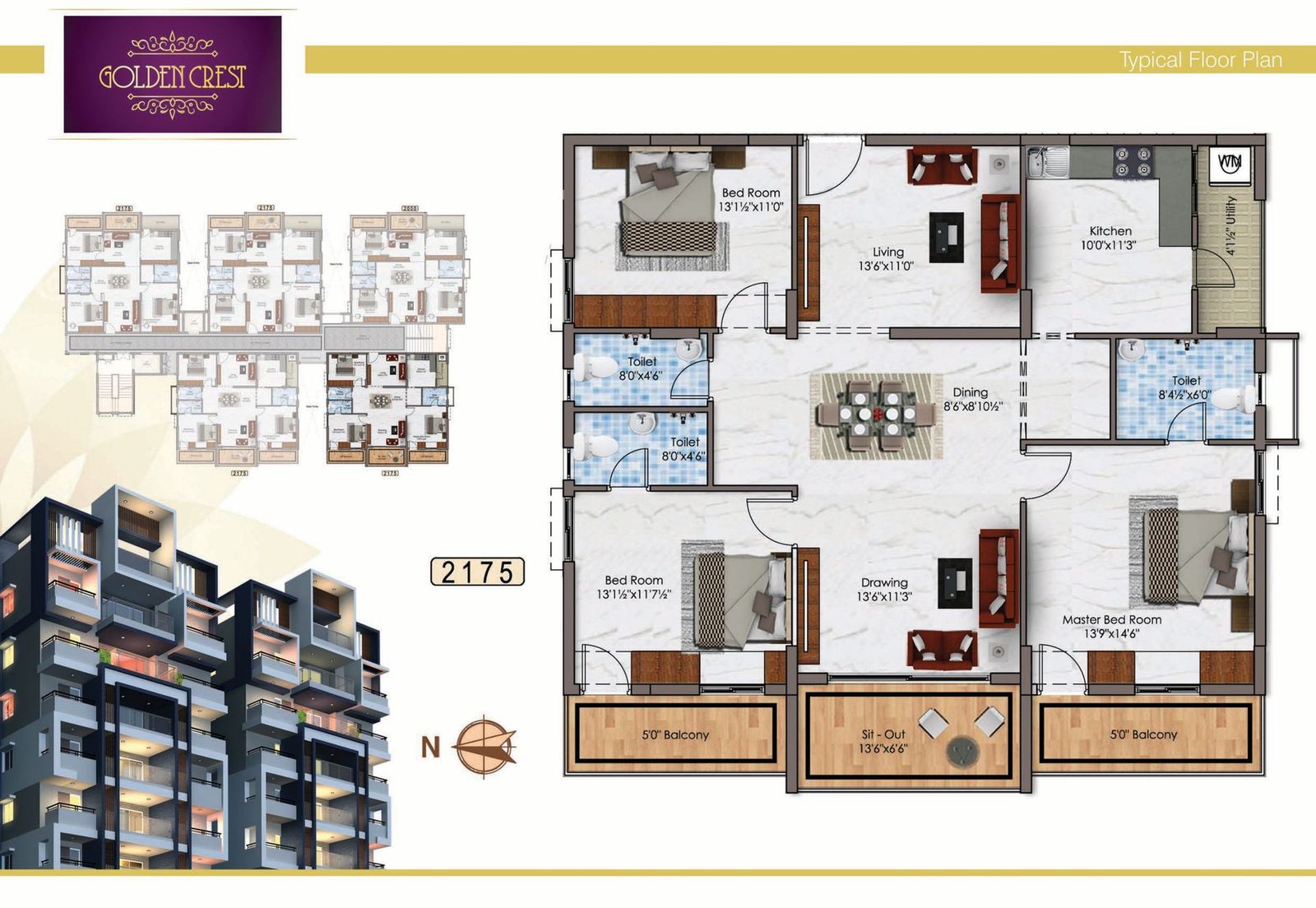 2,175 sq.ft three bedroom unit plan