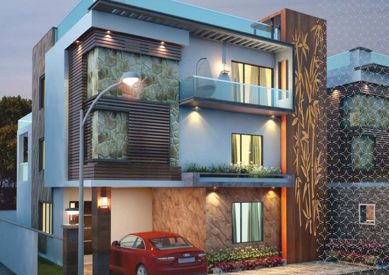 Villa elevation with landscaped frontage