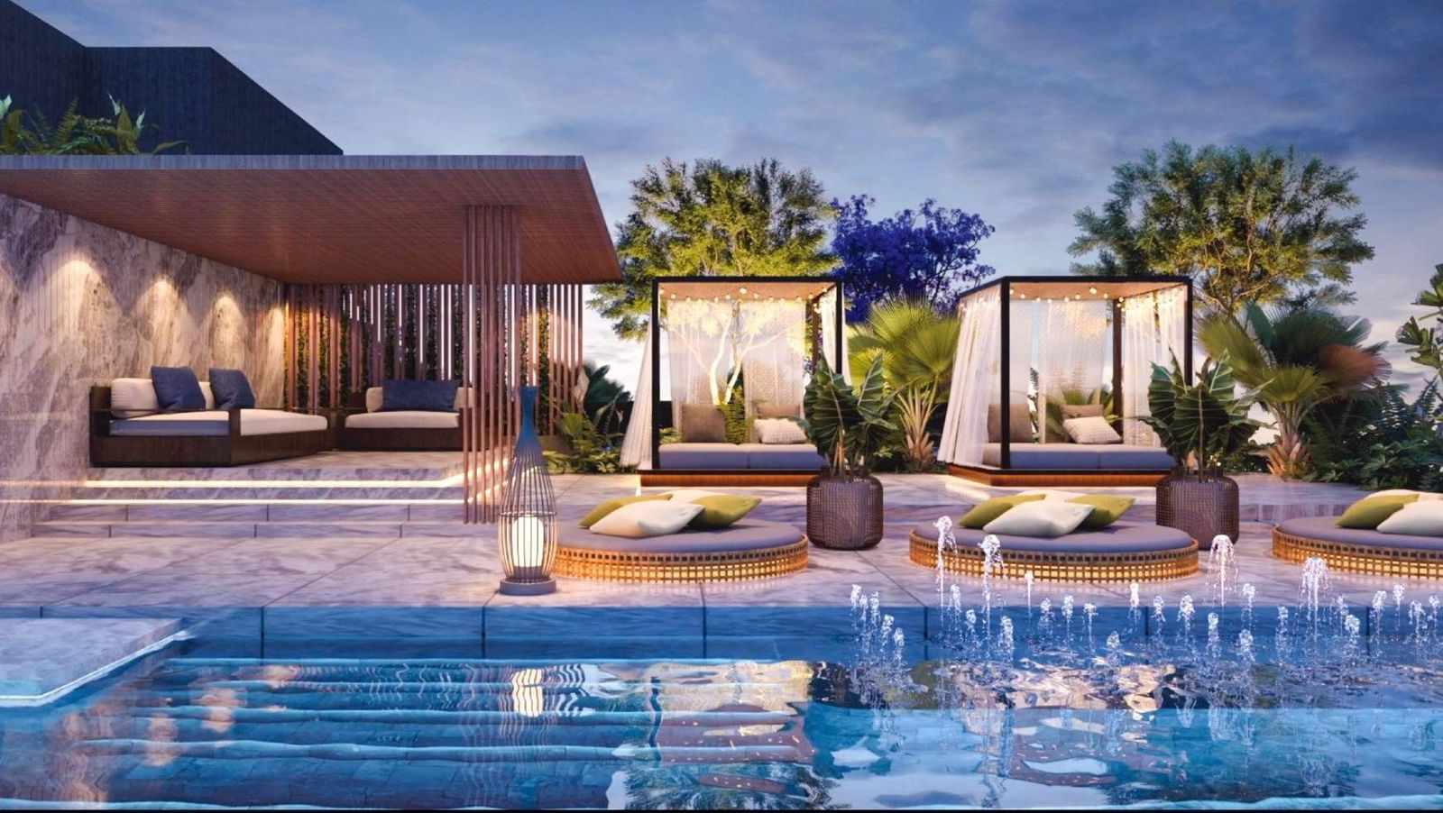 Cabana-lined outdoor swimming pool deck