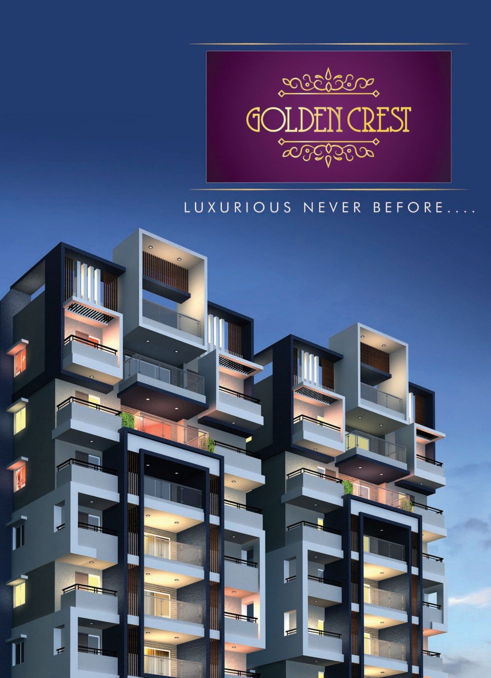 Golden Crest Residences tower illuminated at dusk