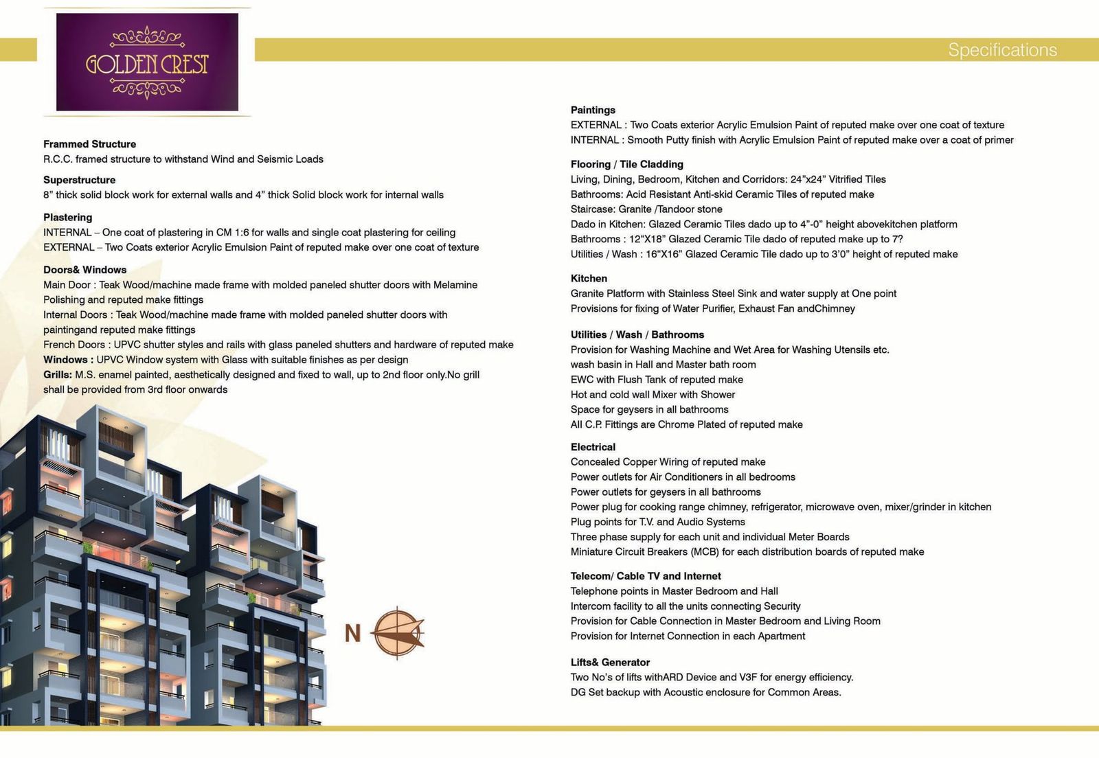 Specifications sheet for Golden Crest Residences