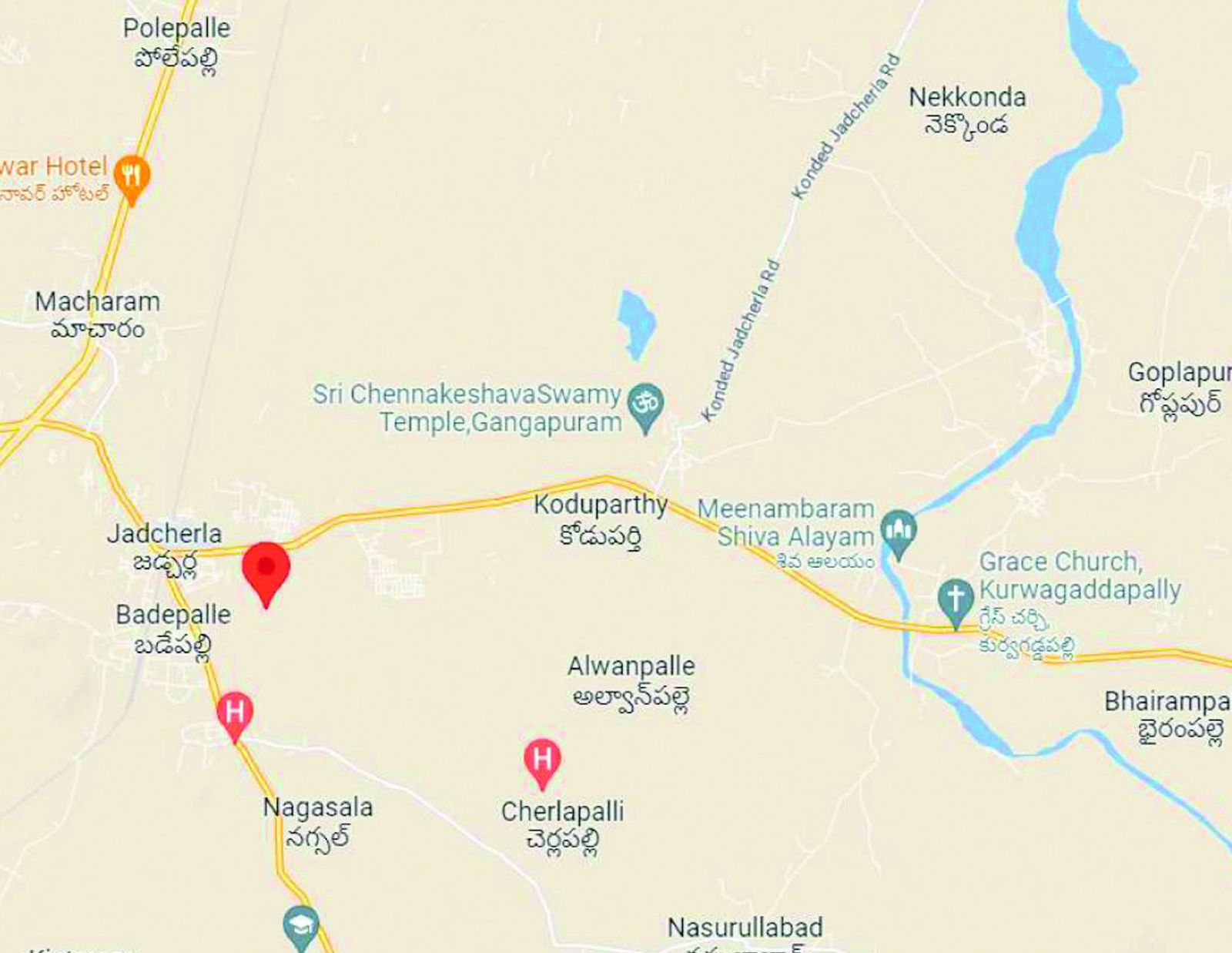 Location map showing YRG Enclave at Jadcherla