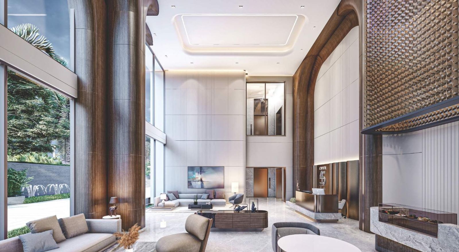 Double-height living space with skyline views