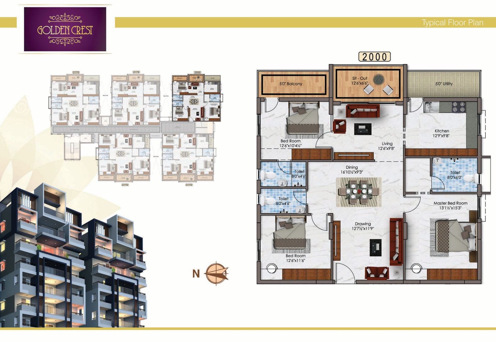2,000 sq.ft three bedroom unit plan