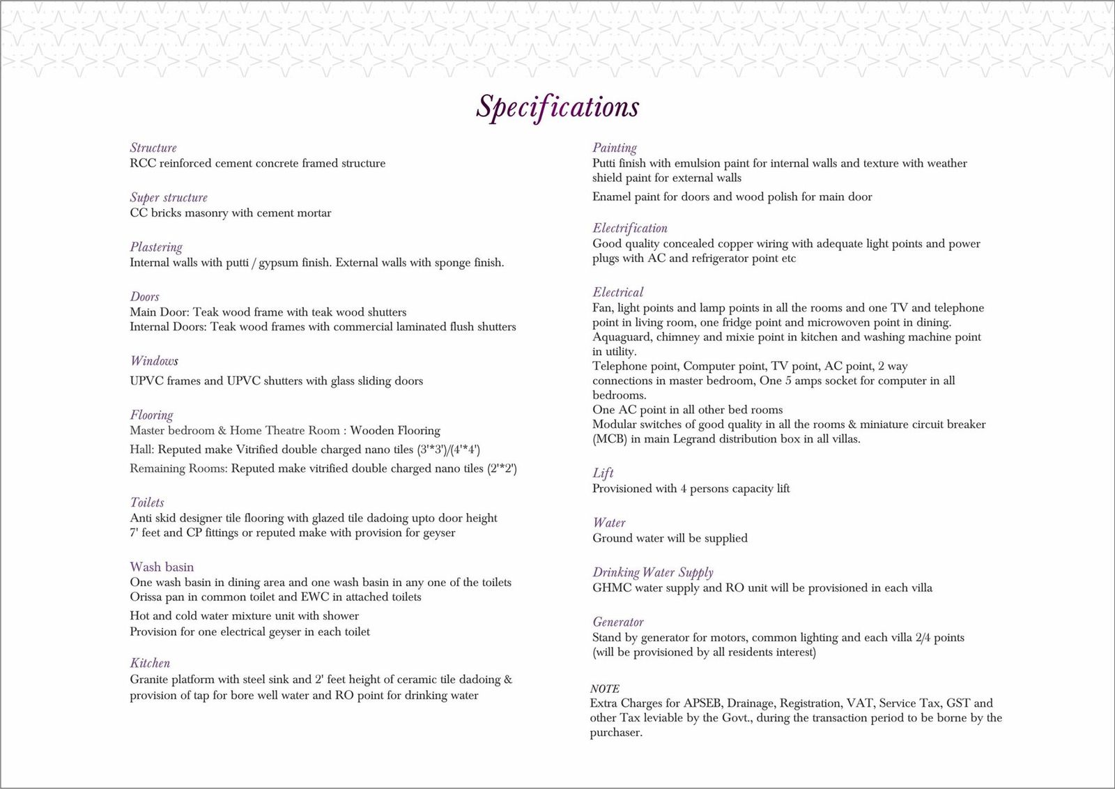 Golden Crest Villas — Specifications