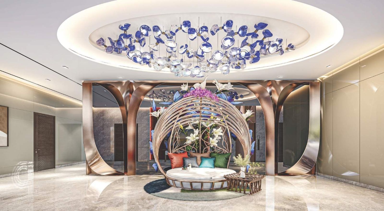 Grand lobby with sculptural chandelier