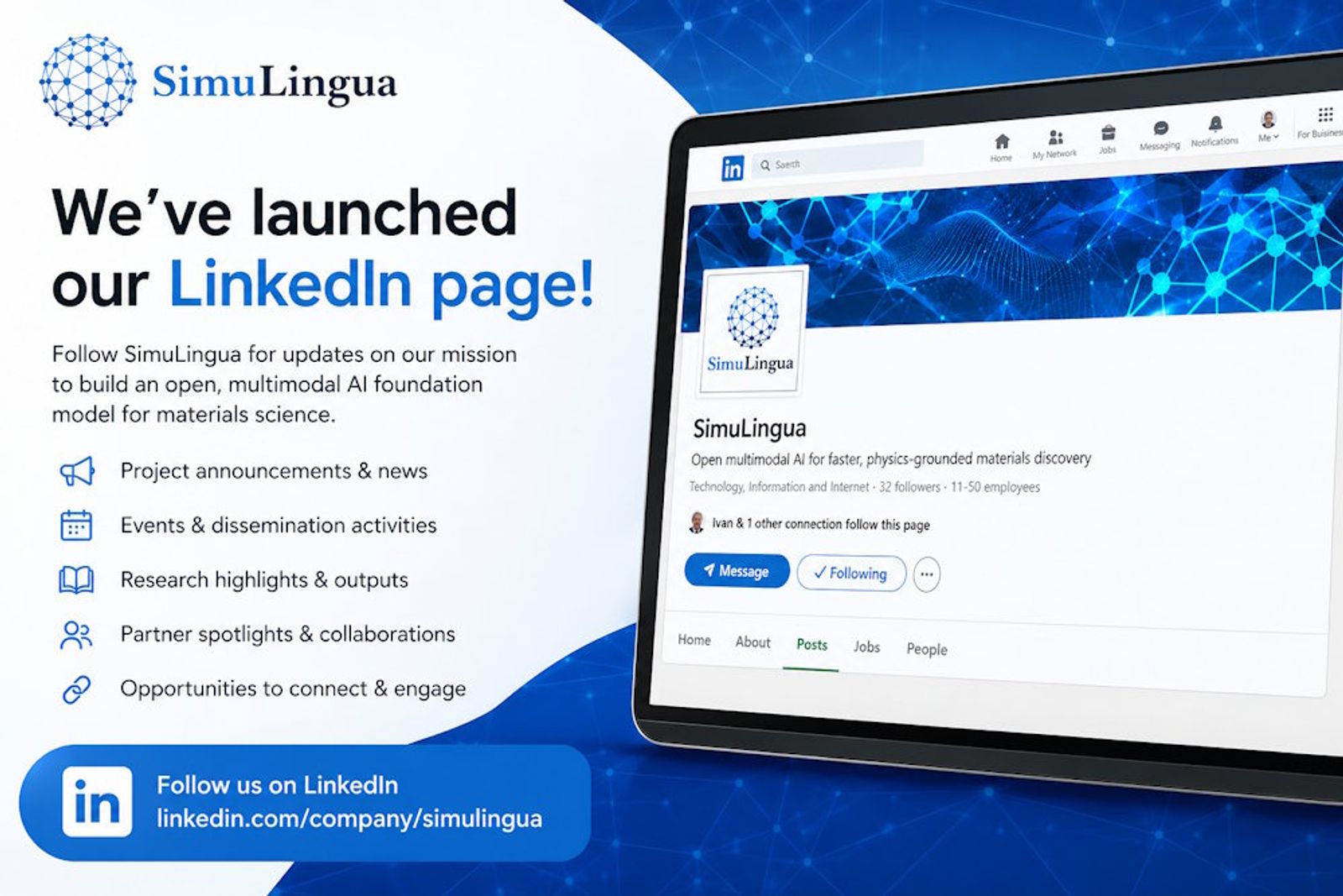 SimuLingua launches its official LinkedIn page to share project updates, research progress, events, and collaboration opportunities in AI-powered materials science.