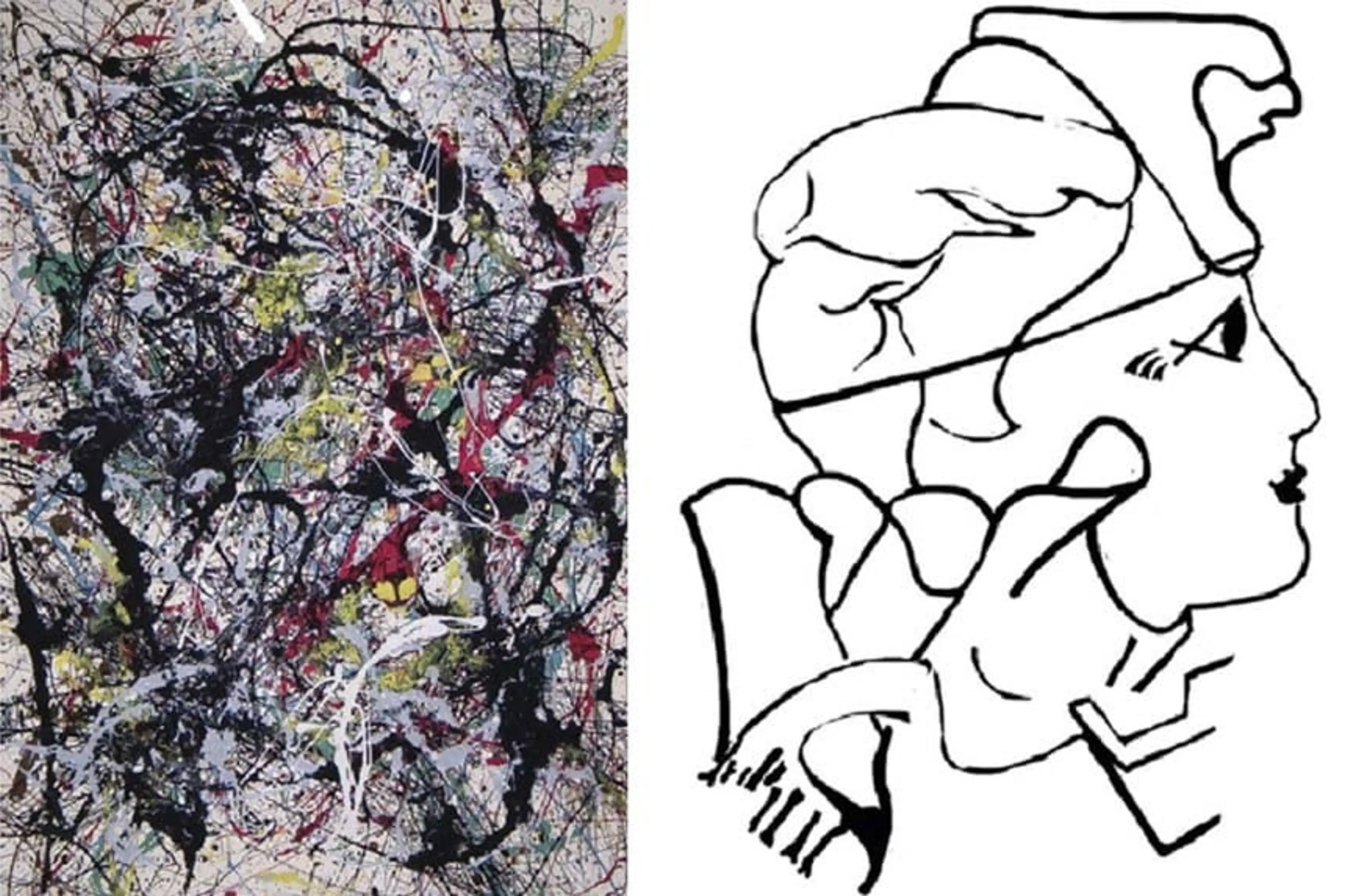 A Jackson Pollock painting next to an outline of Lauren Bacall