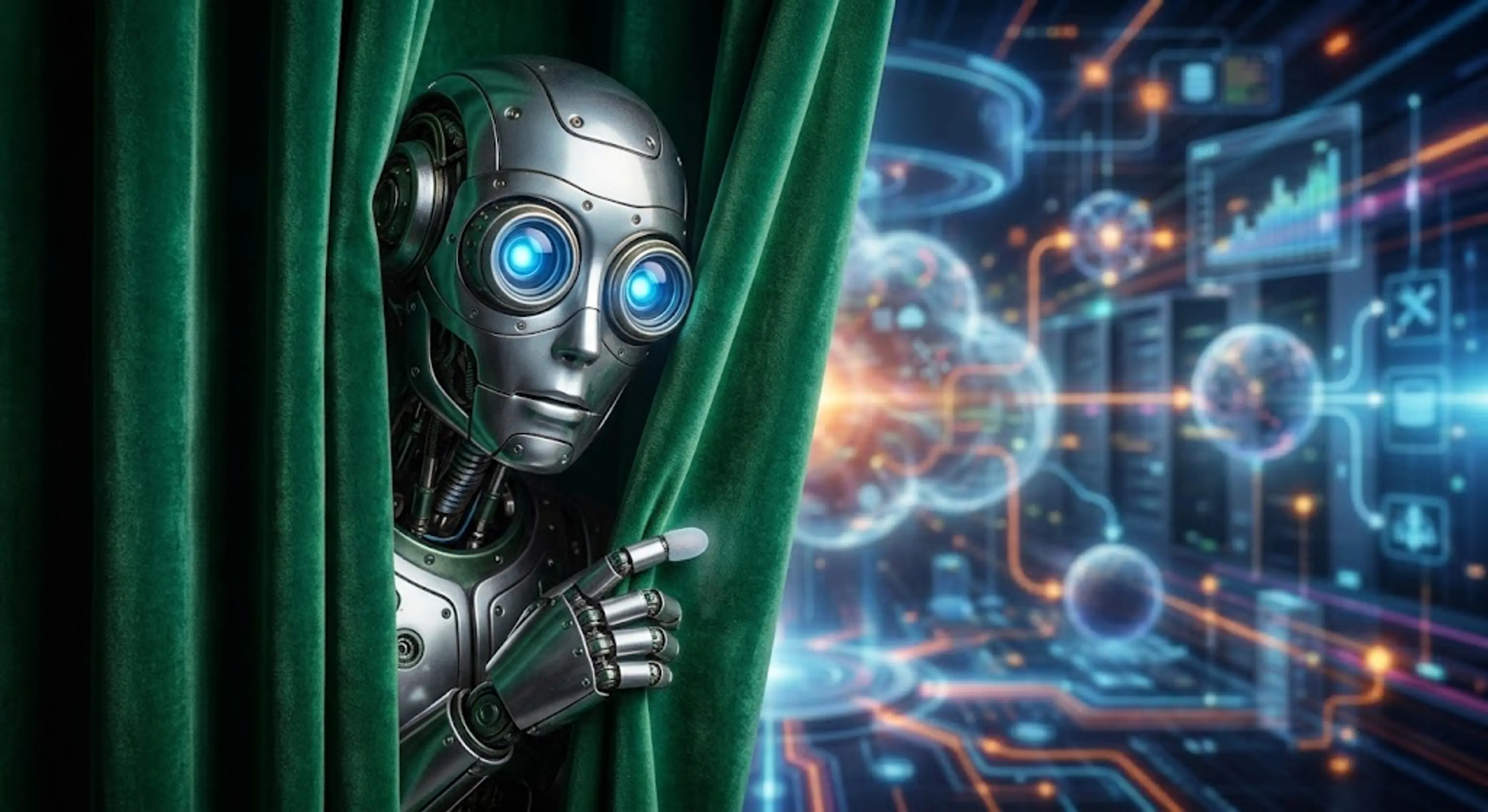 A robot peeking behind a green curtin