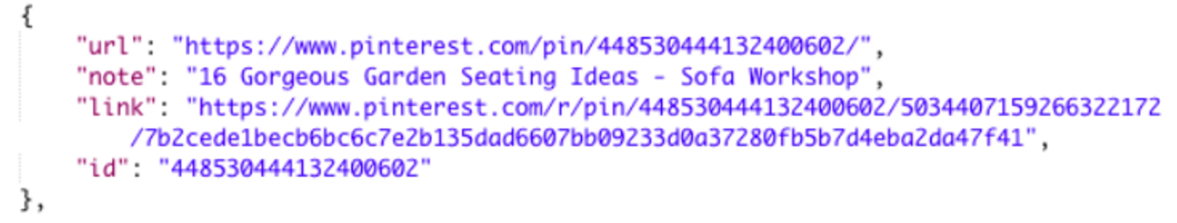Code snippet from Pinterest API