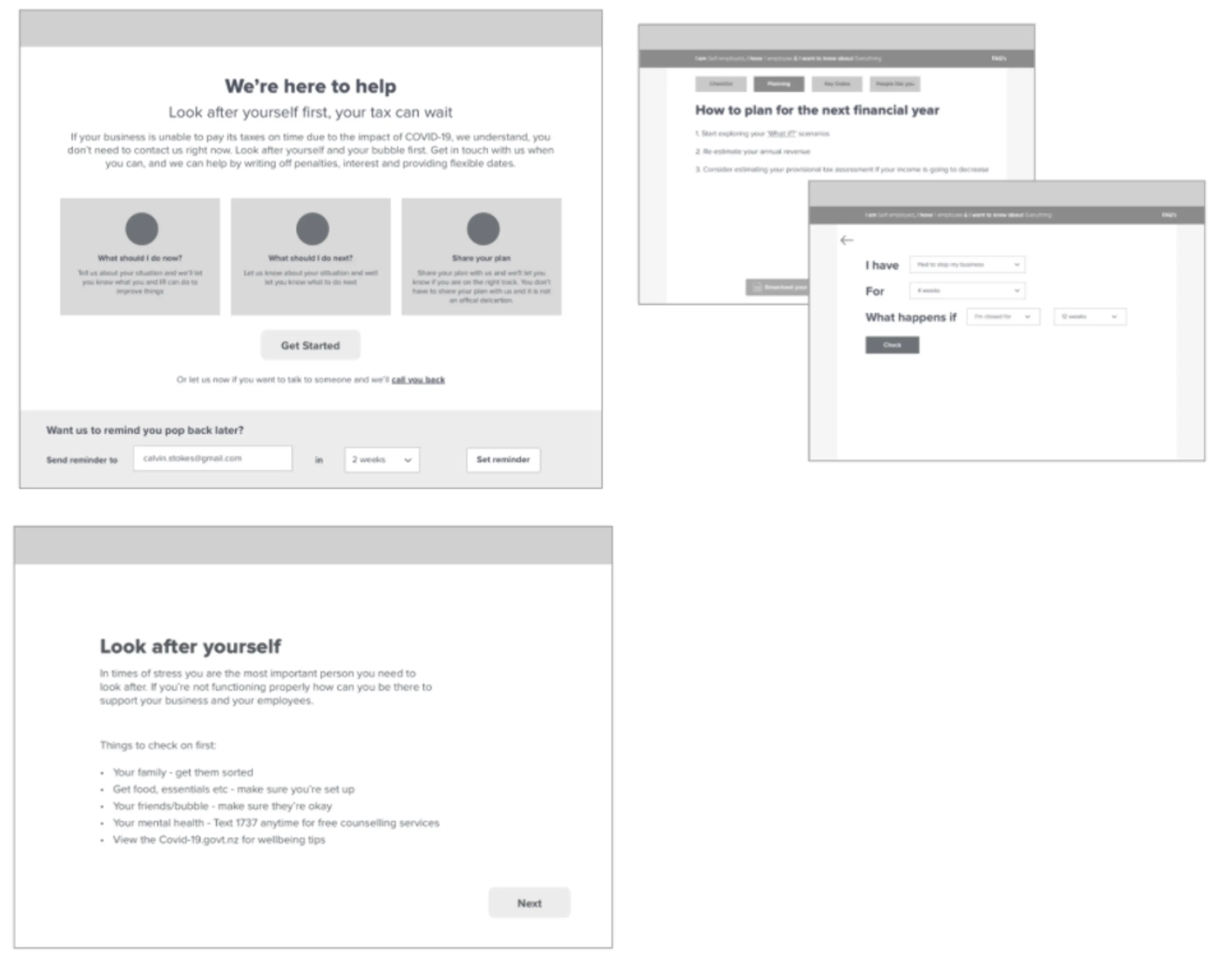 Greyscale wireframes of IR prototype