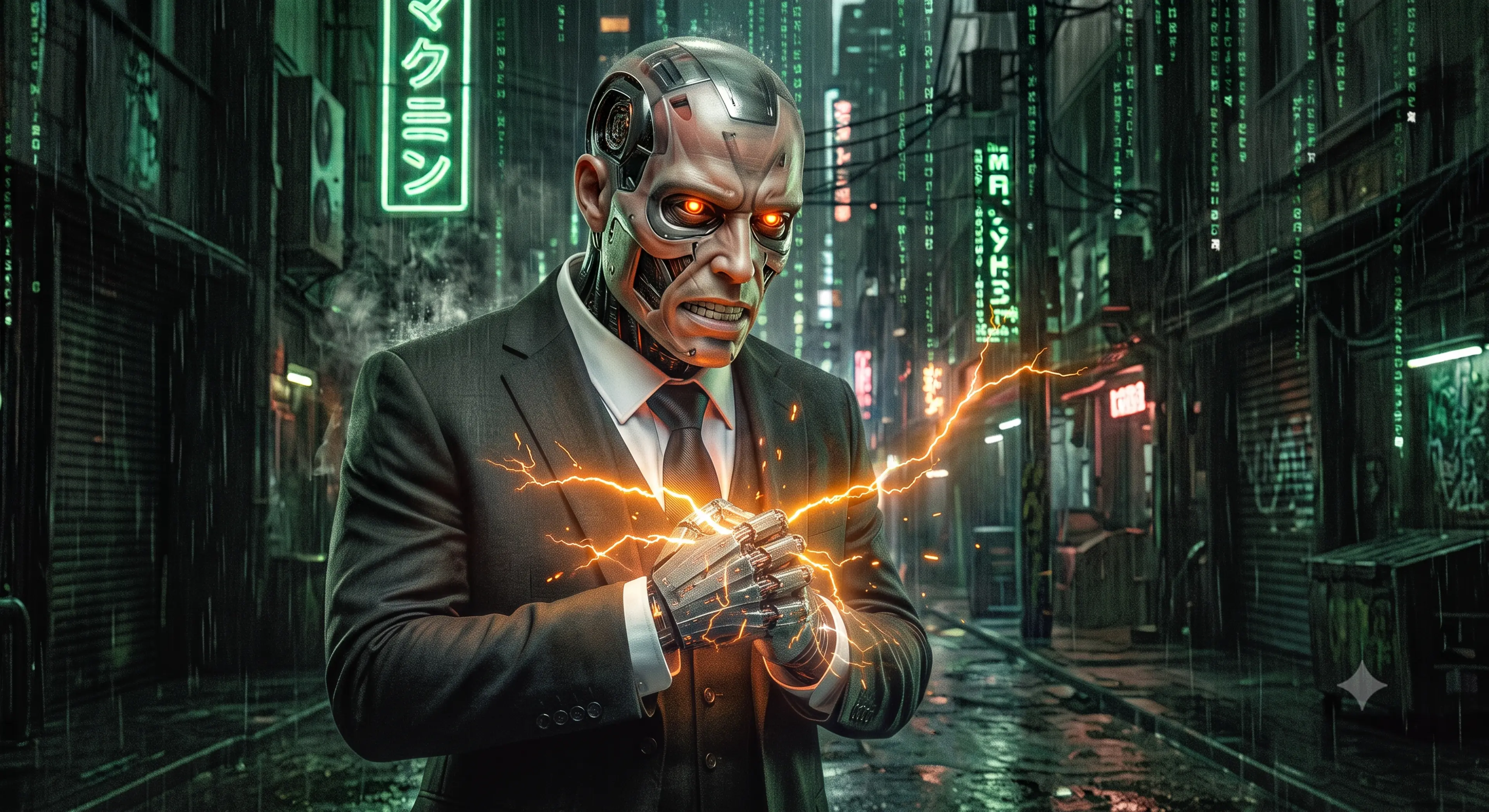 An illustration of a robot wearing a suit. Lightening is coming from its hands.