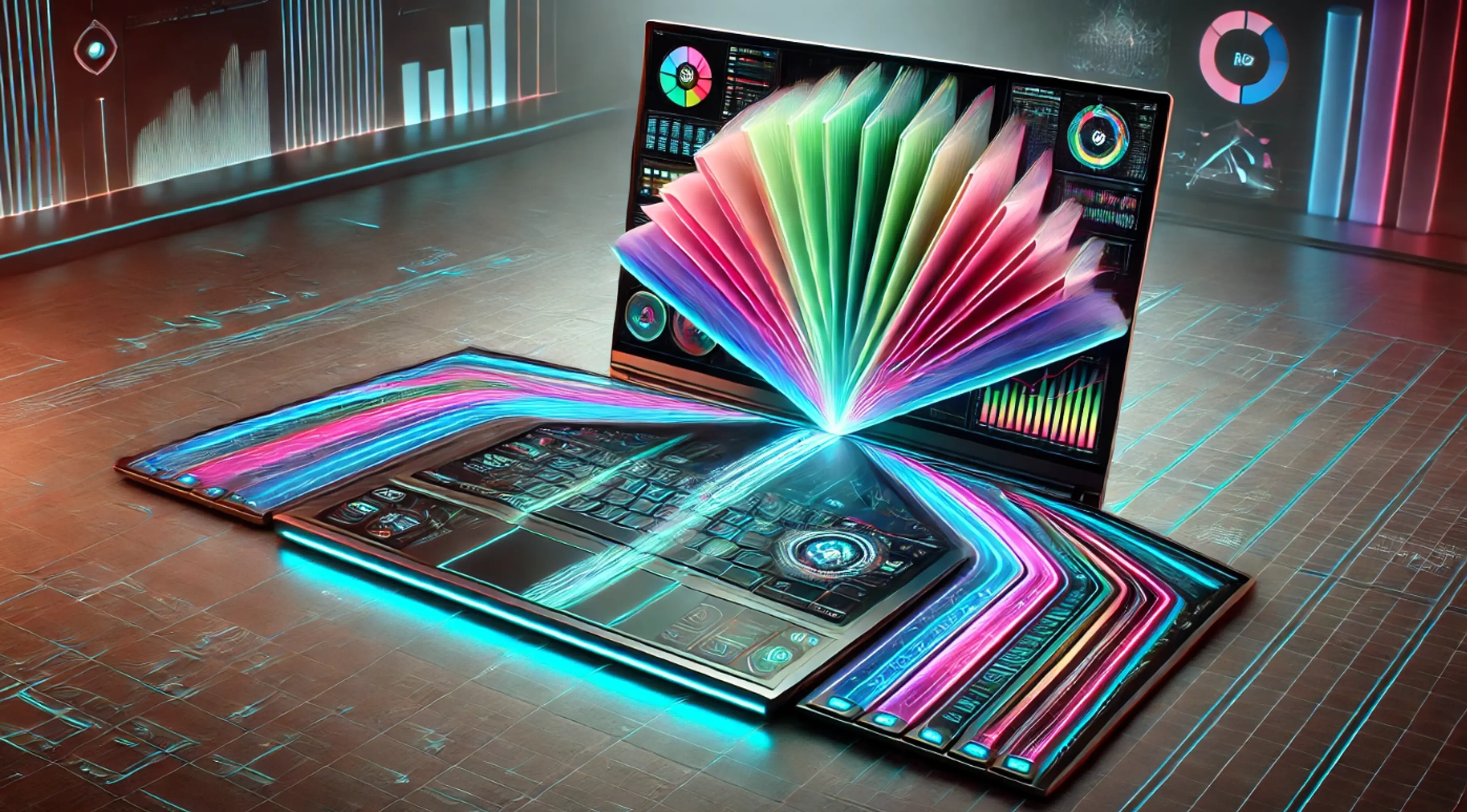 An illustration of a futuristic multiscreen laptop