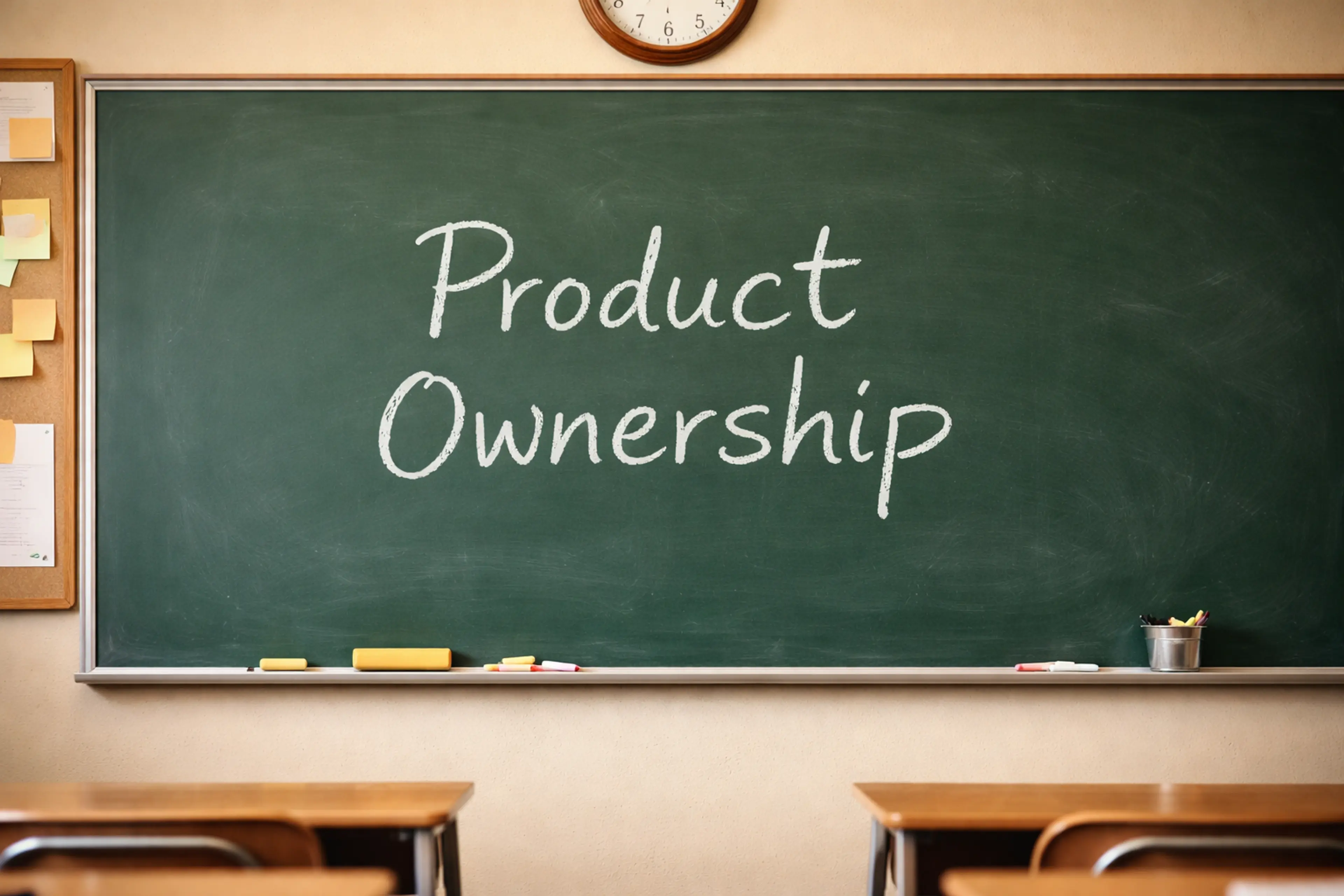 A blackboard in a classroom setting with "Product Ownership" written in chalk