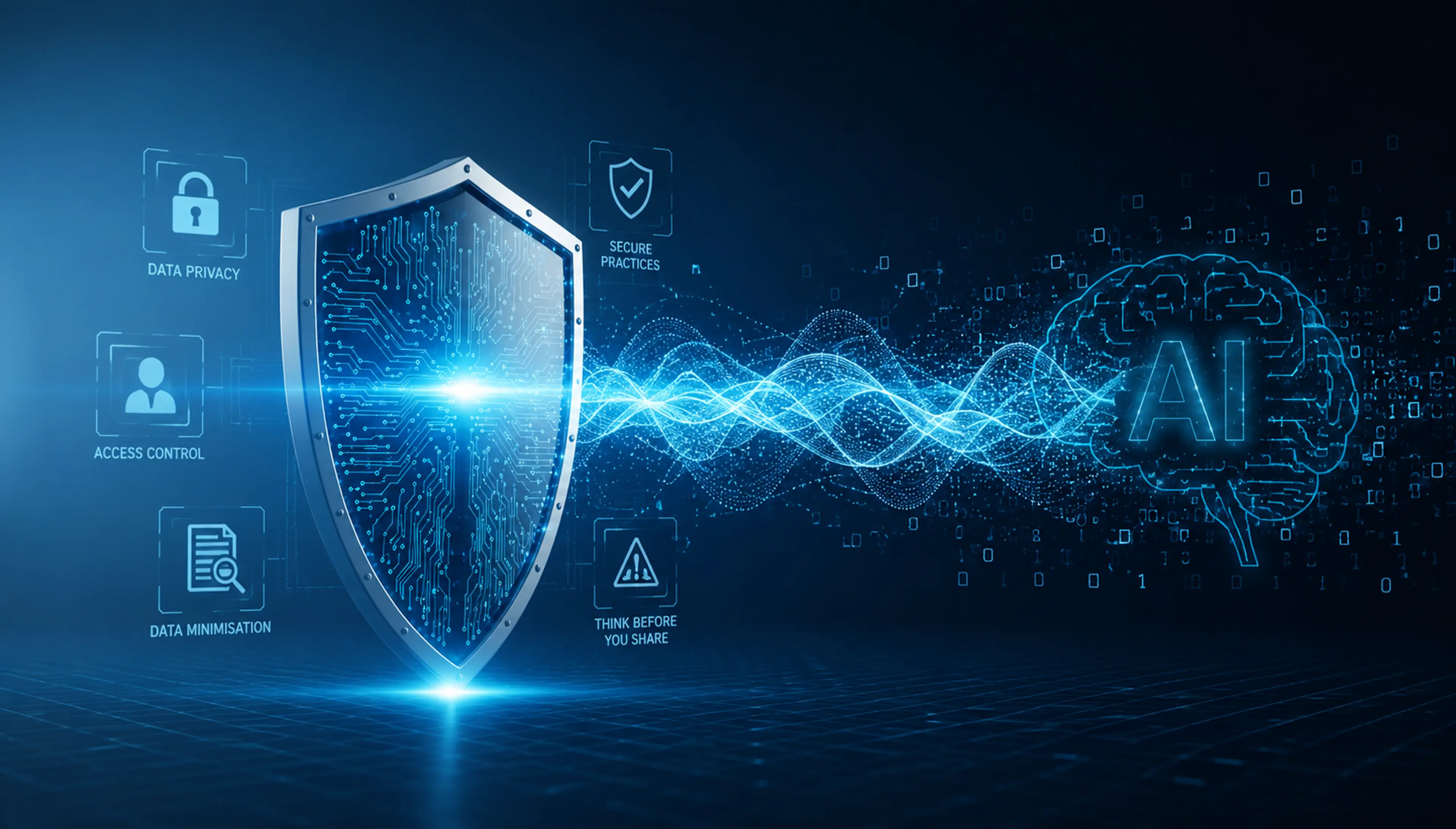 Illustration of a digital shield protecting an AI system from cyber threats, with glowing data streams and security icons on a blue technology background.