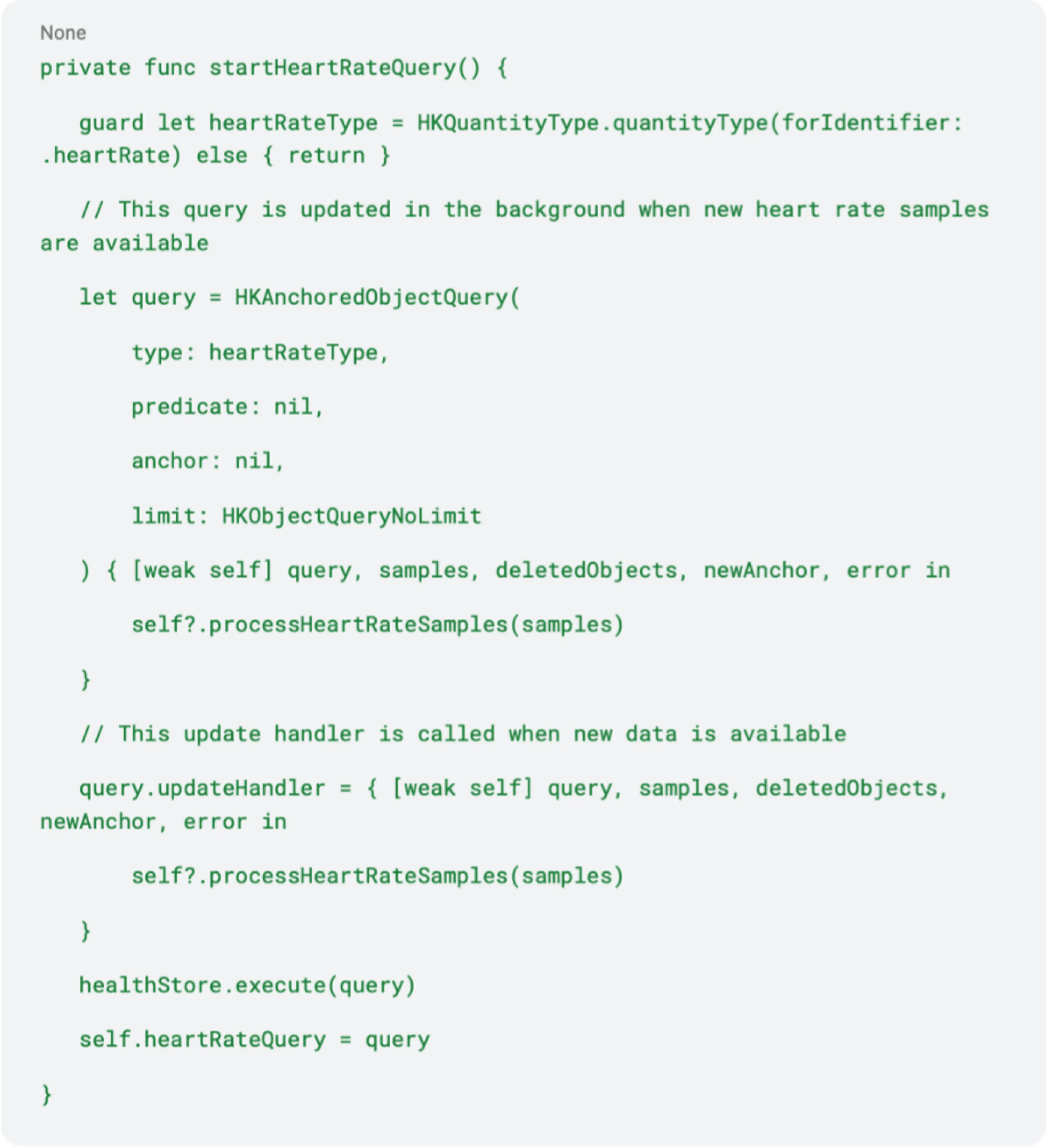 swift code example for startHeartRateQuery function