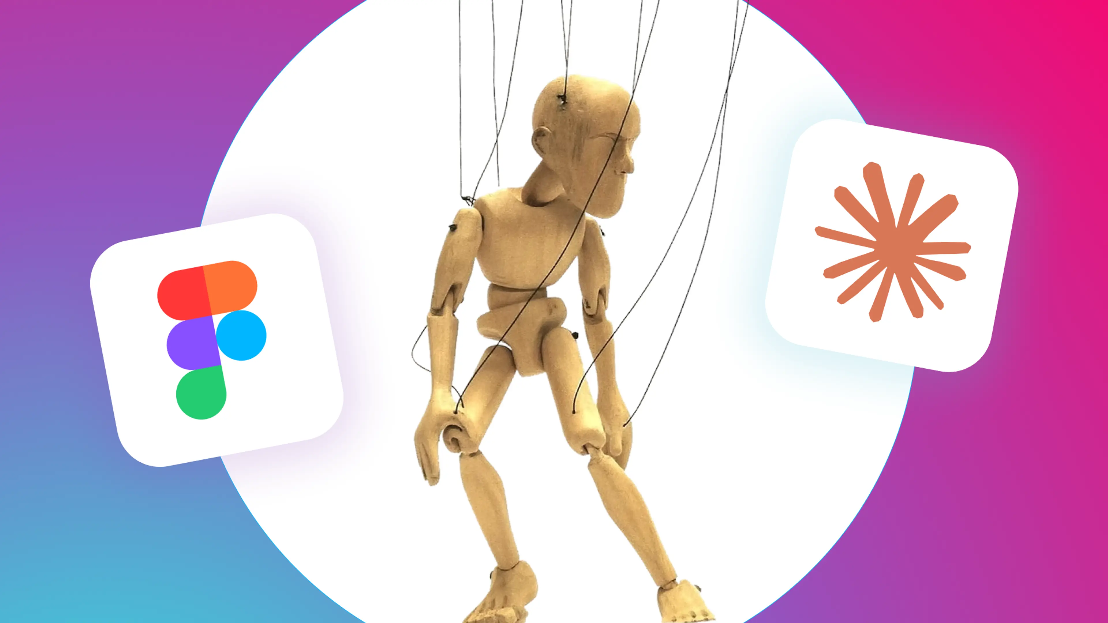 Wooden artist’s mannequin suspended by strings, flanked by the Figma and Claude logos on a colourful gradient background.