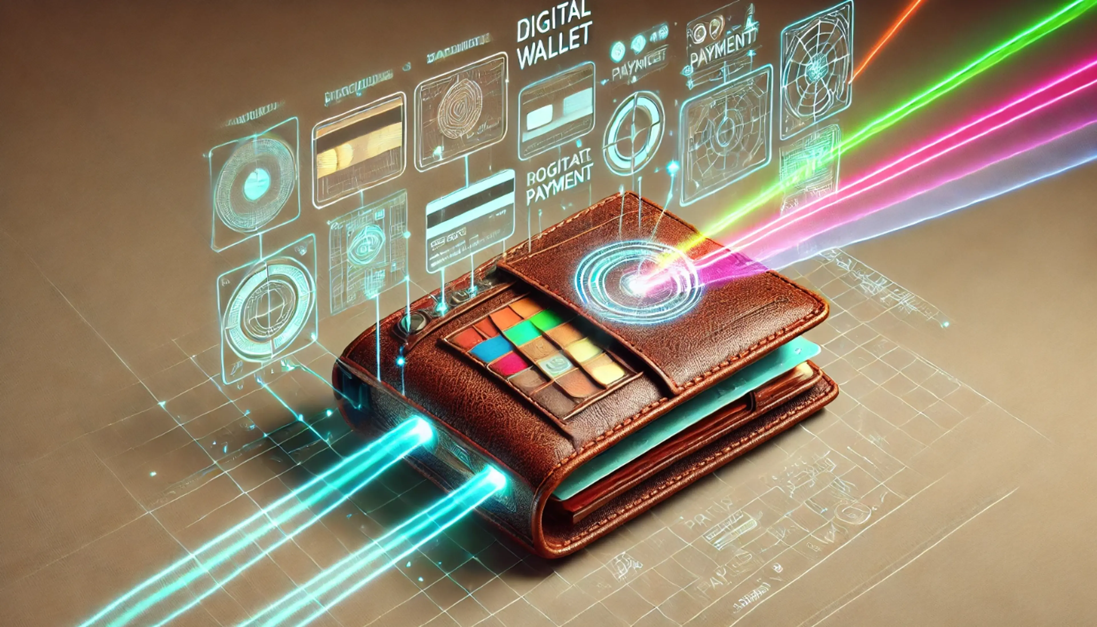 An illustration of s mash-up leather with digital wallet, with laser beams coming out of it