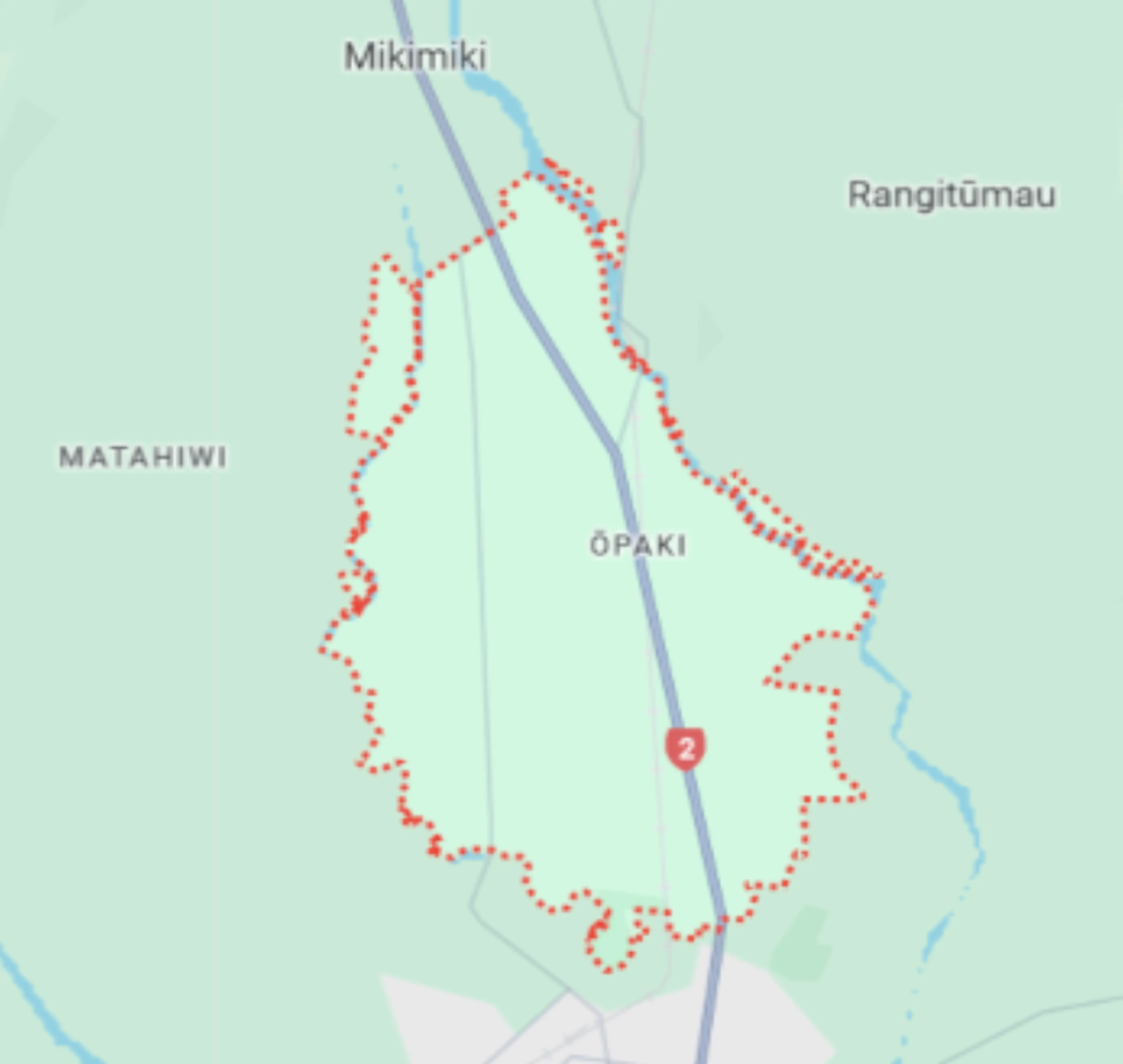 Map of Ōpaki's region showing neighbouring towns: Matahiwi to the west, Mikimiki to the north and Rangitūmau to the east
