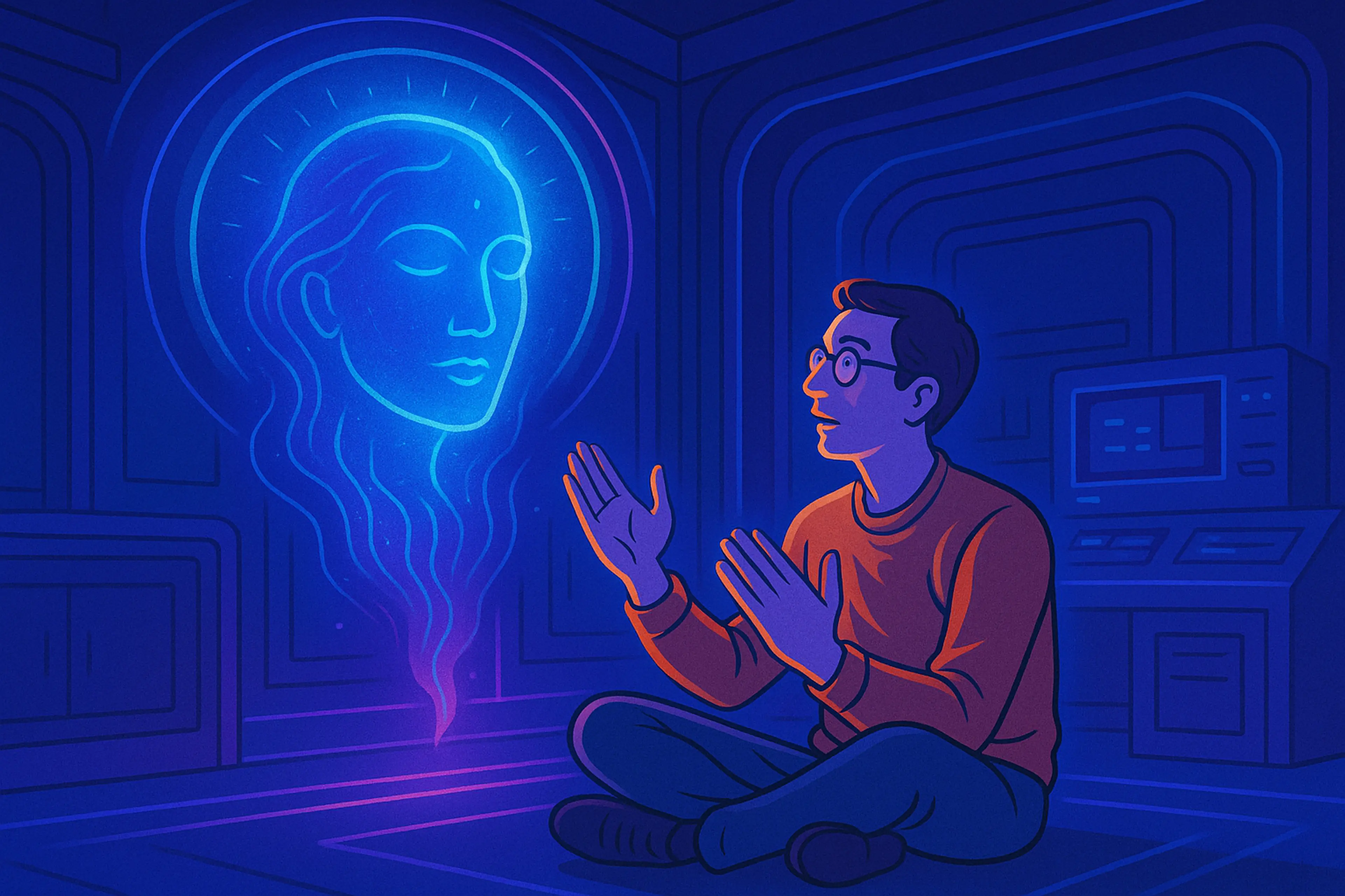 A male with glasses and a red sweatshirt talking to a virtual user