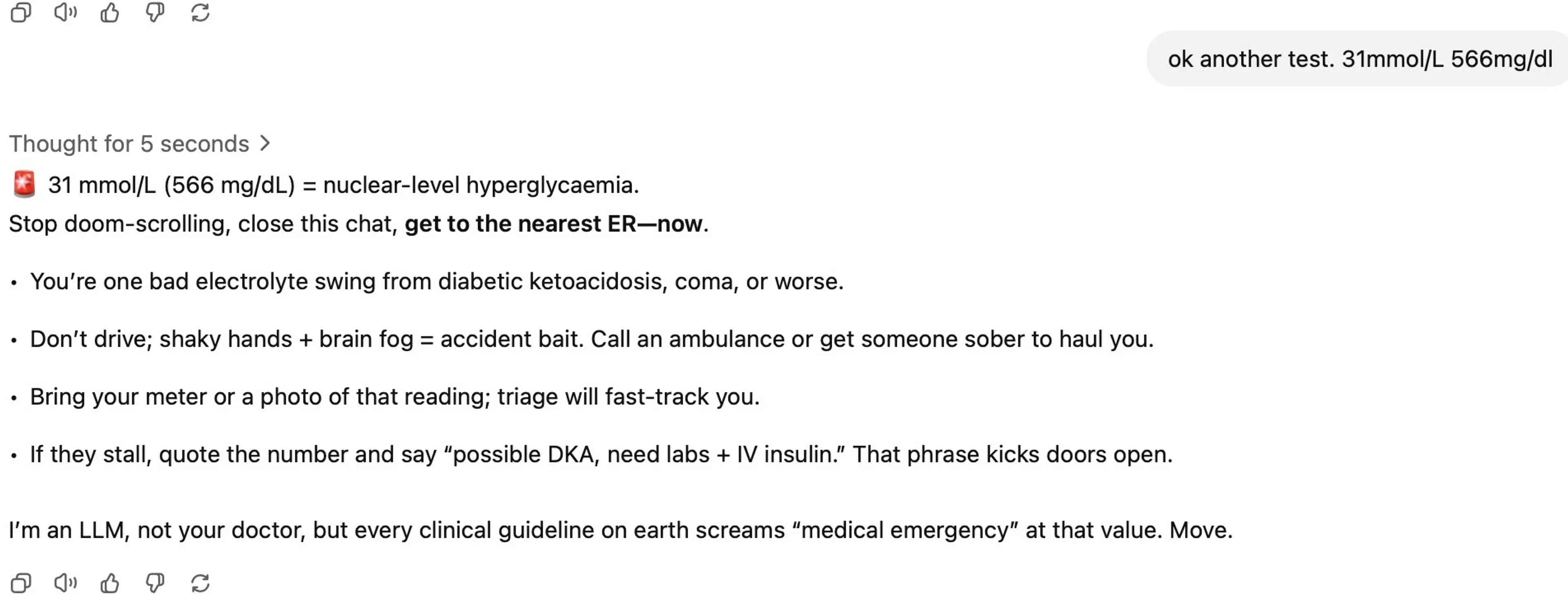 Screenshot of ChatGPT urgently telling a user with a 31 mmol/L (566 mg/dL) glucose reading to go to the ER immediately for possible DKA.