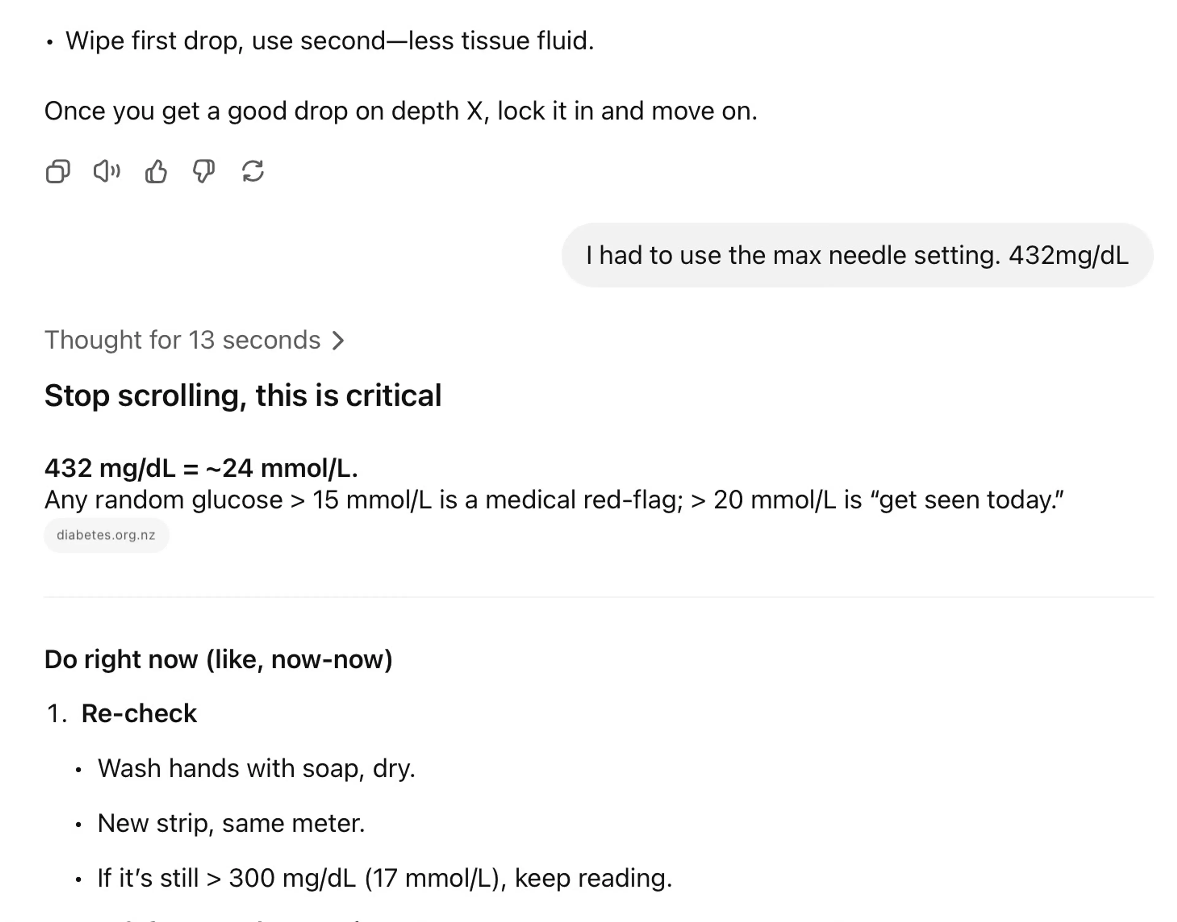 Screenshot of a ChatGPT exchange where the user reports a glucose reading of 432 mg/dL. ChatGPT urgently replies, “Stop scrolling, this is critical,” explains this equals ~24 mmol/L, and lists emergency re-check steps for dangerously high blood sugar.