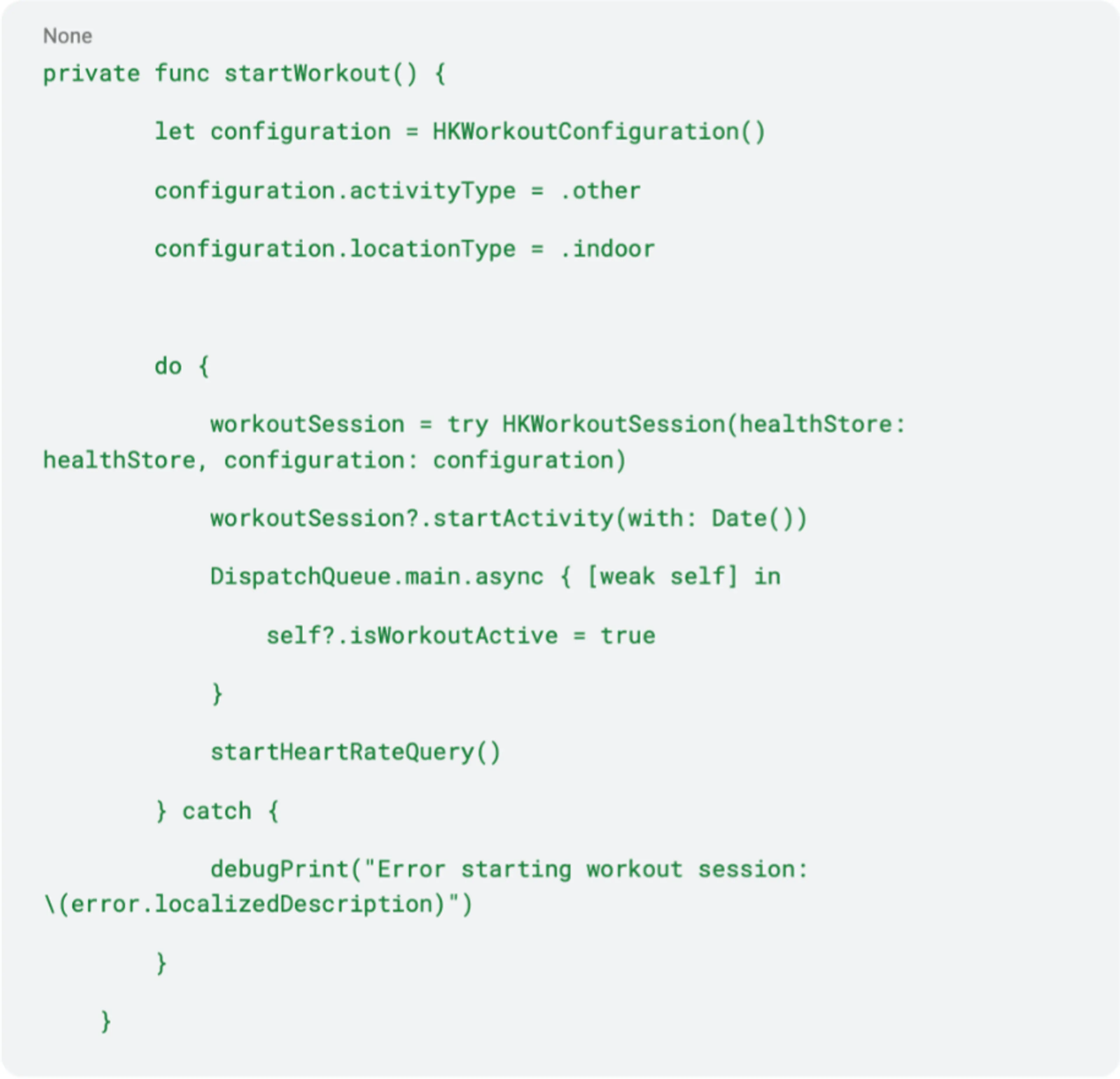 swift code example for startWorkout function