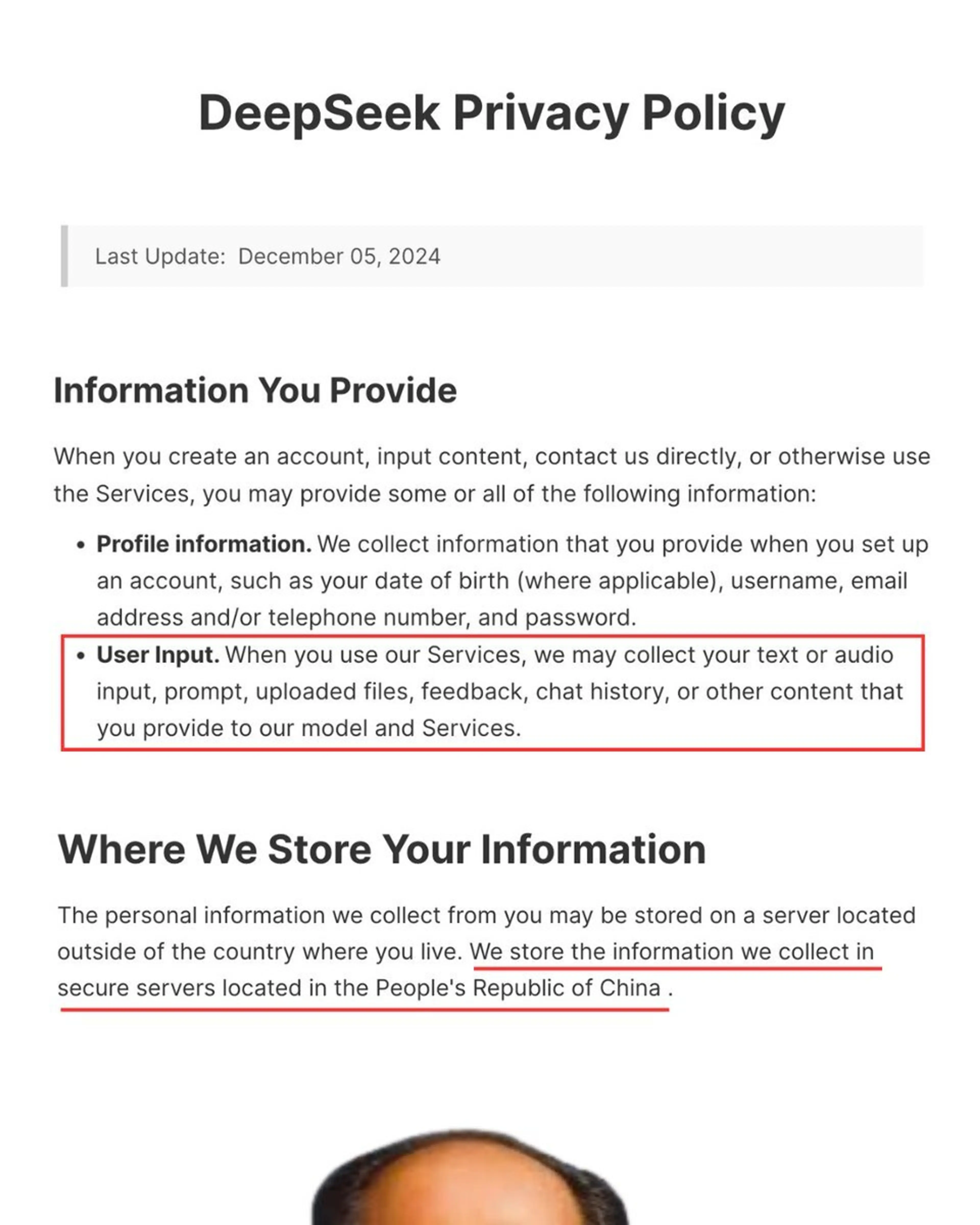 Screenshot of the privacy terms for DeepSeek