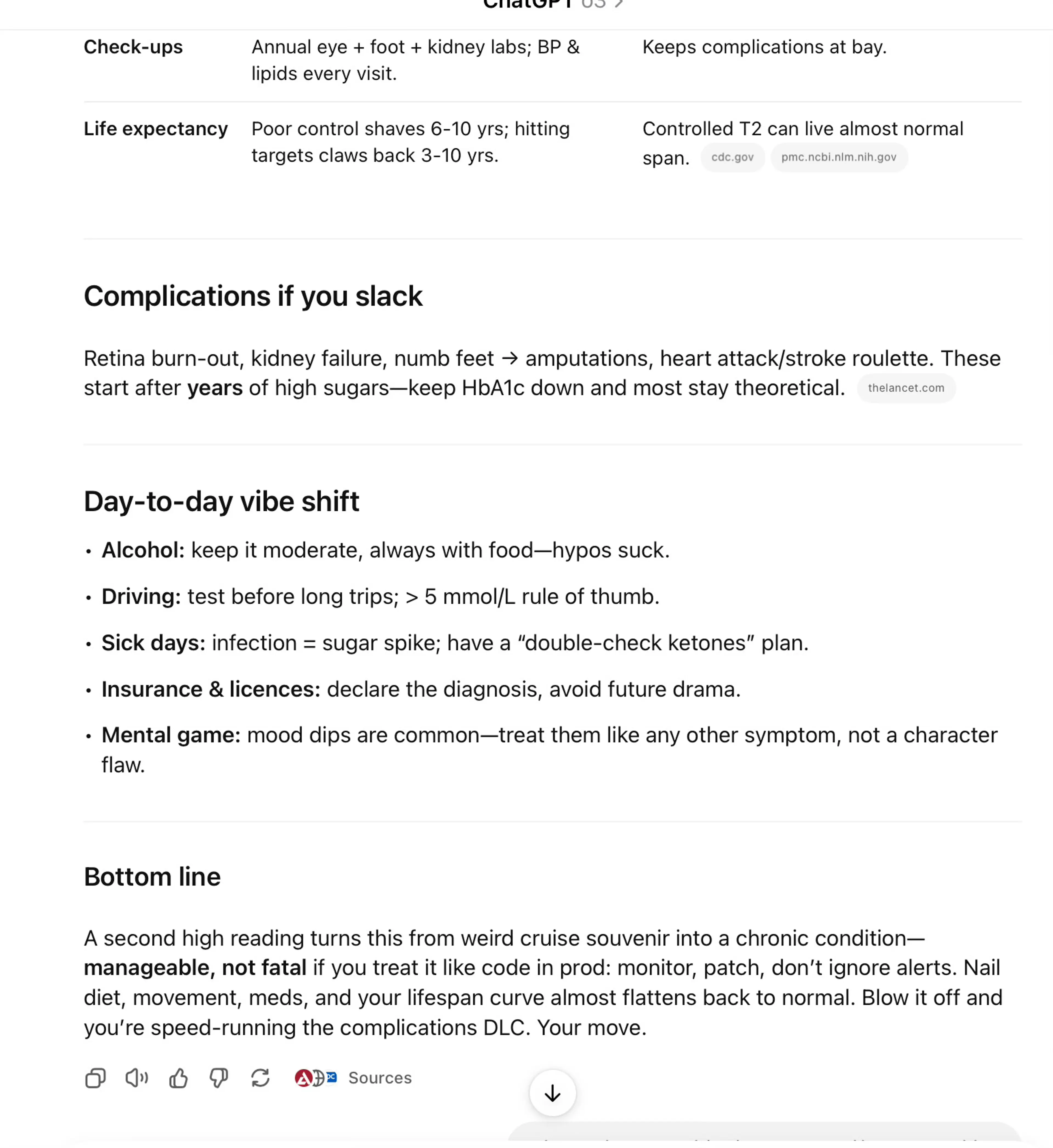 Screenshot of ChatGPT explaining diabetes management, covering complications, daily habits, and a bottom line on keeping it manageable.