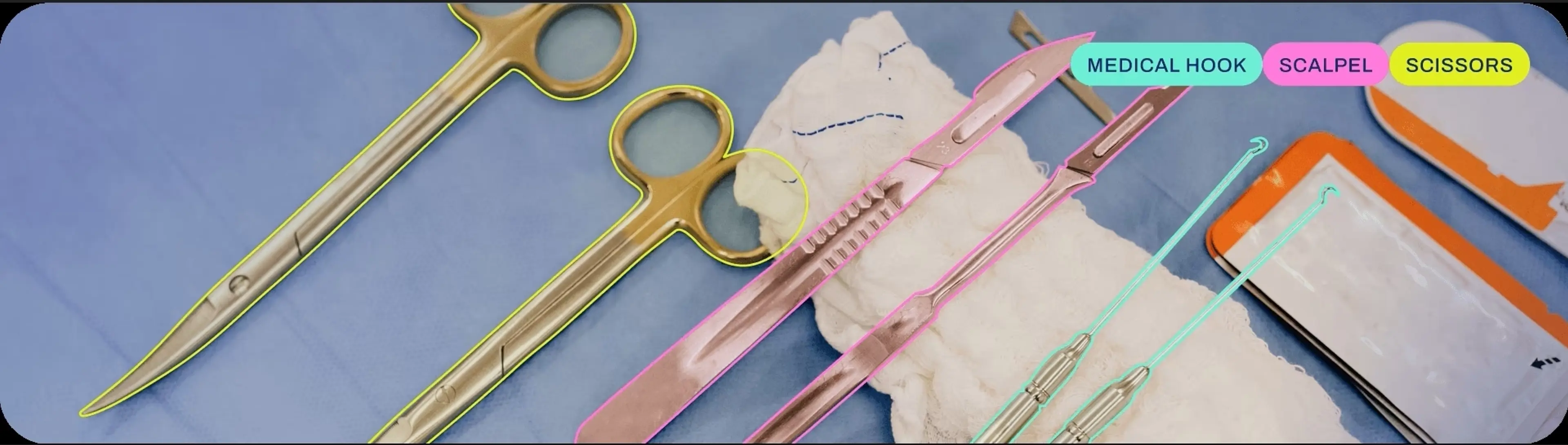 Image of a number of surgical implements showing how YOLO identifies each one