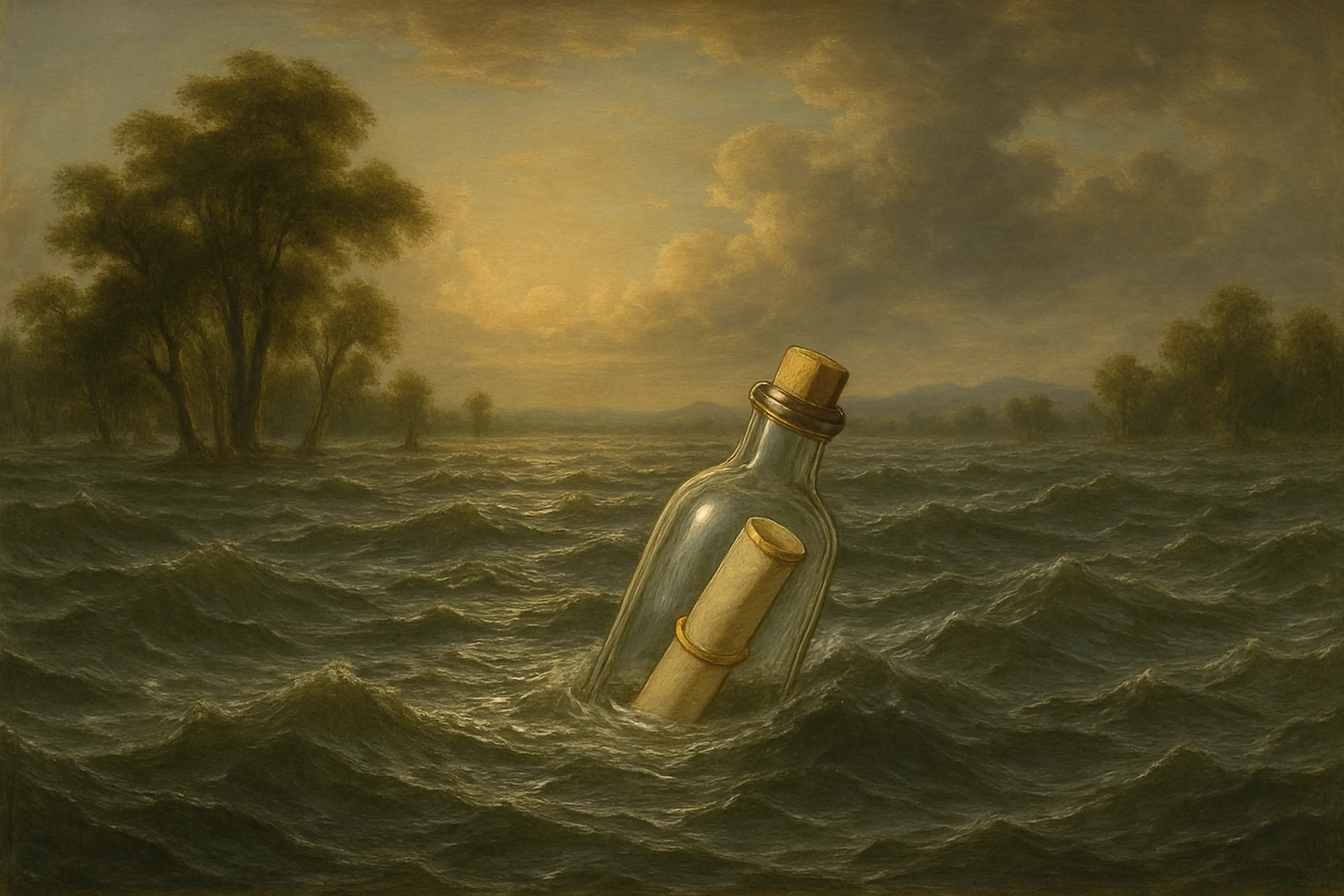 An image of a painting depicting a message in a bottle floating on choppy waters in neoclassical landscape style