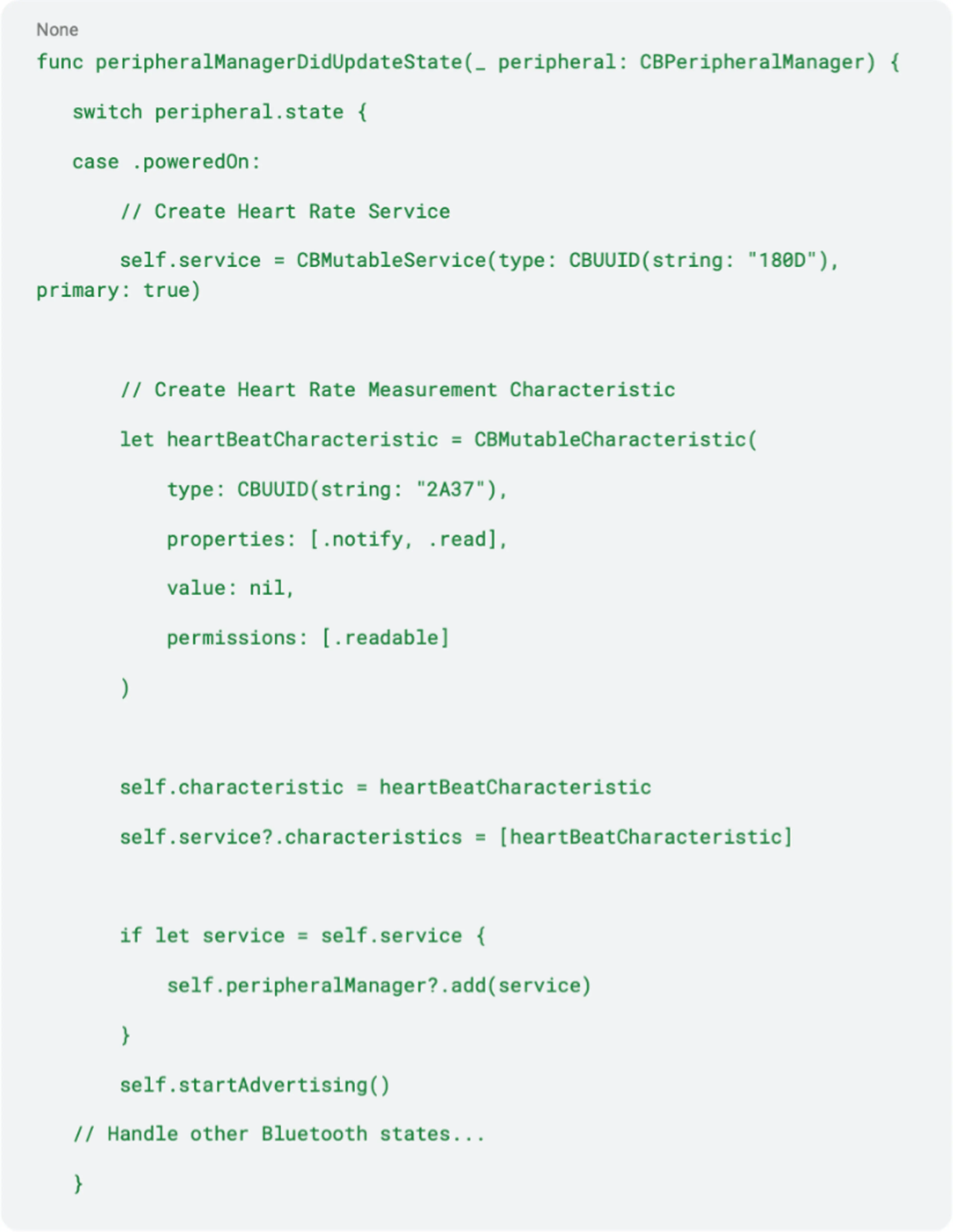 swift code example for peripheralManagerDidUpdateState function
