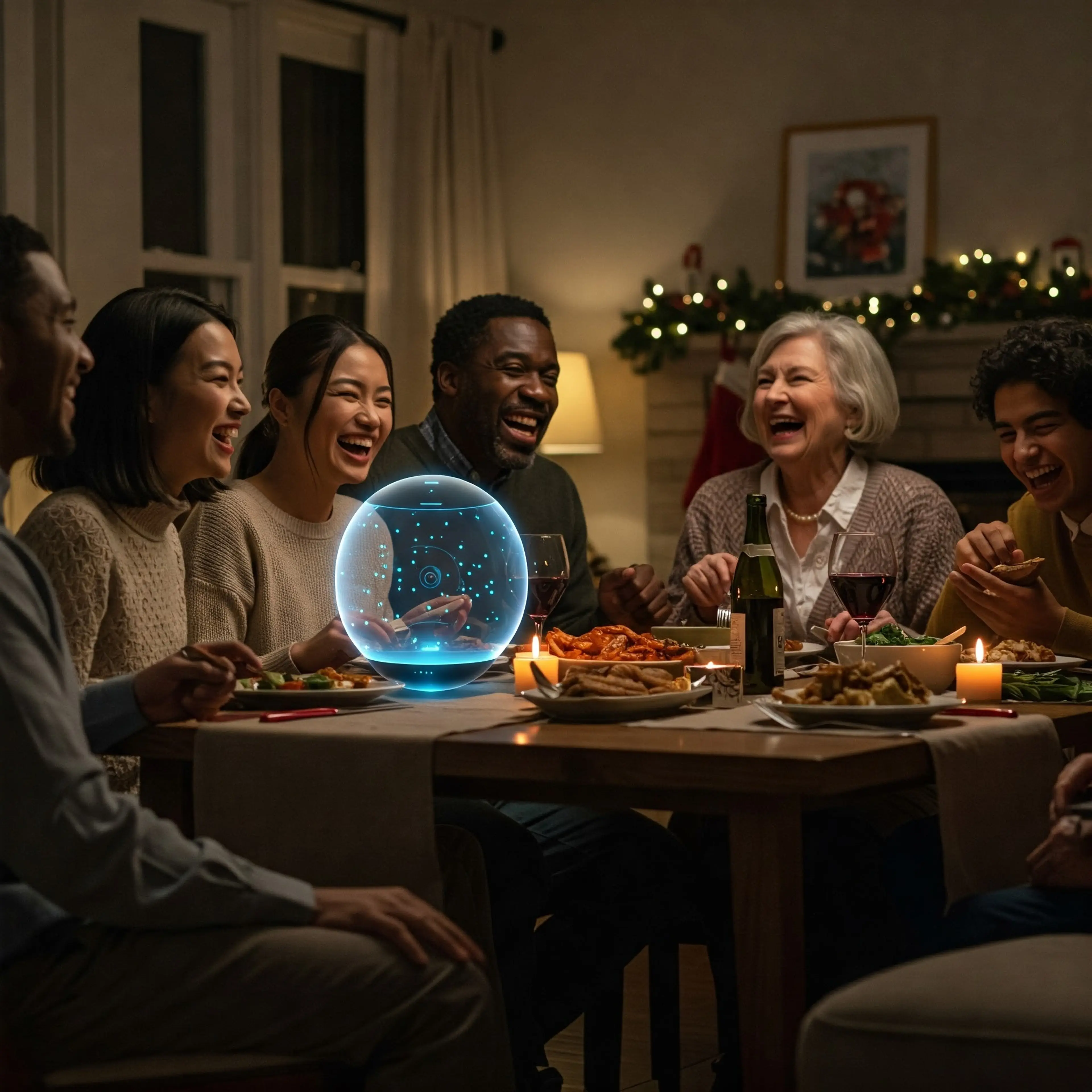 Photo of a laughing family around a dinner table with a glowing blue hologram of an orb placed on it