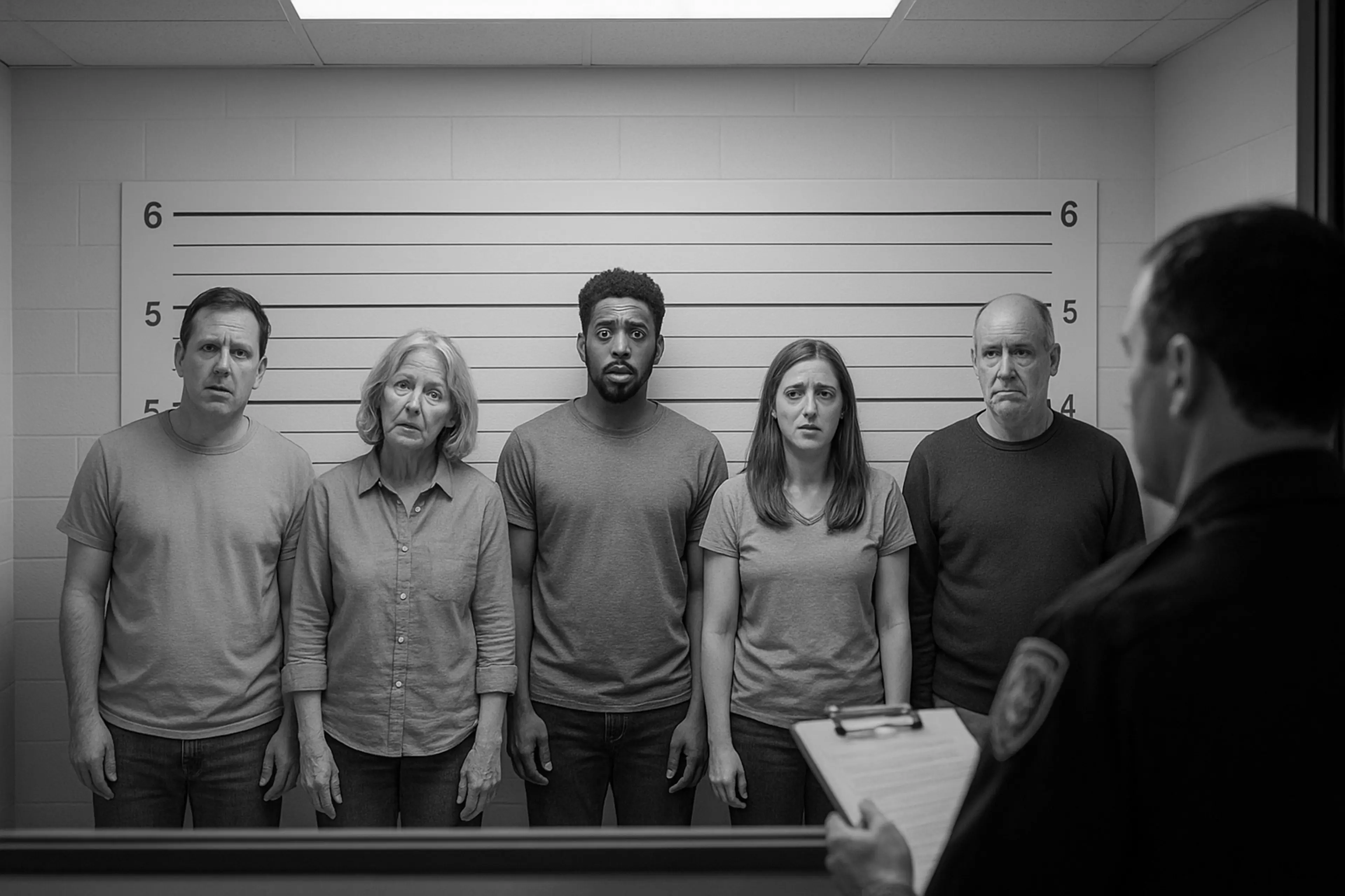 5 people in a police lineup with confused facial expressions