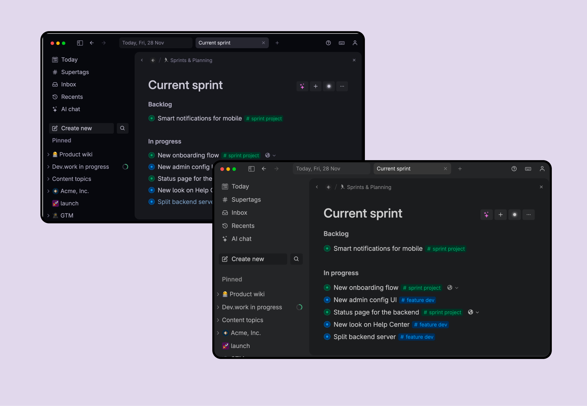 Old and new dark mode in Tana
