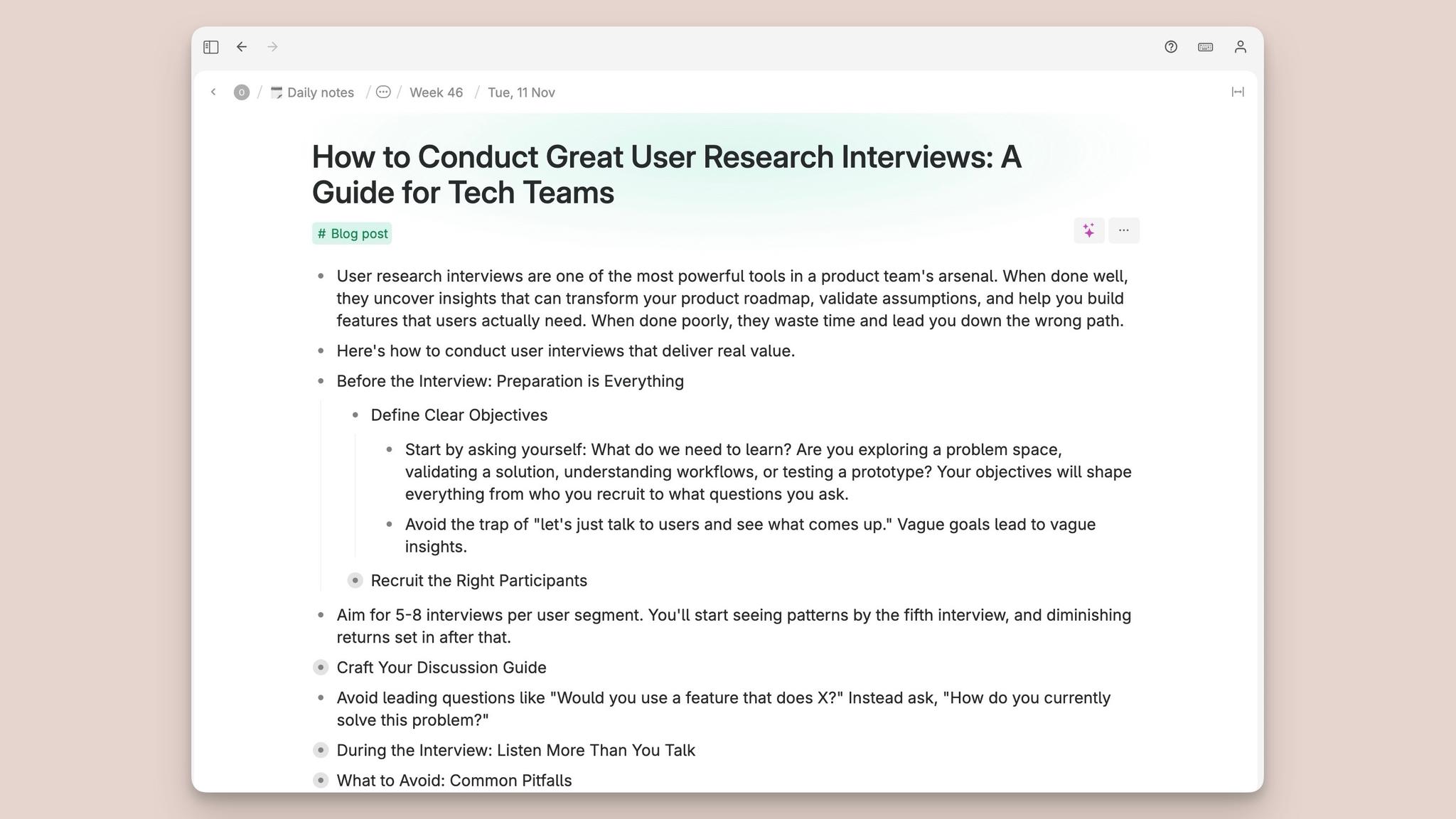 A focused view for deep work in Tana, with the sidebar fully collapsed