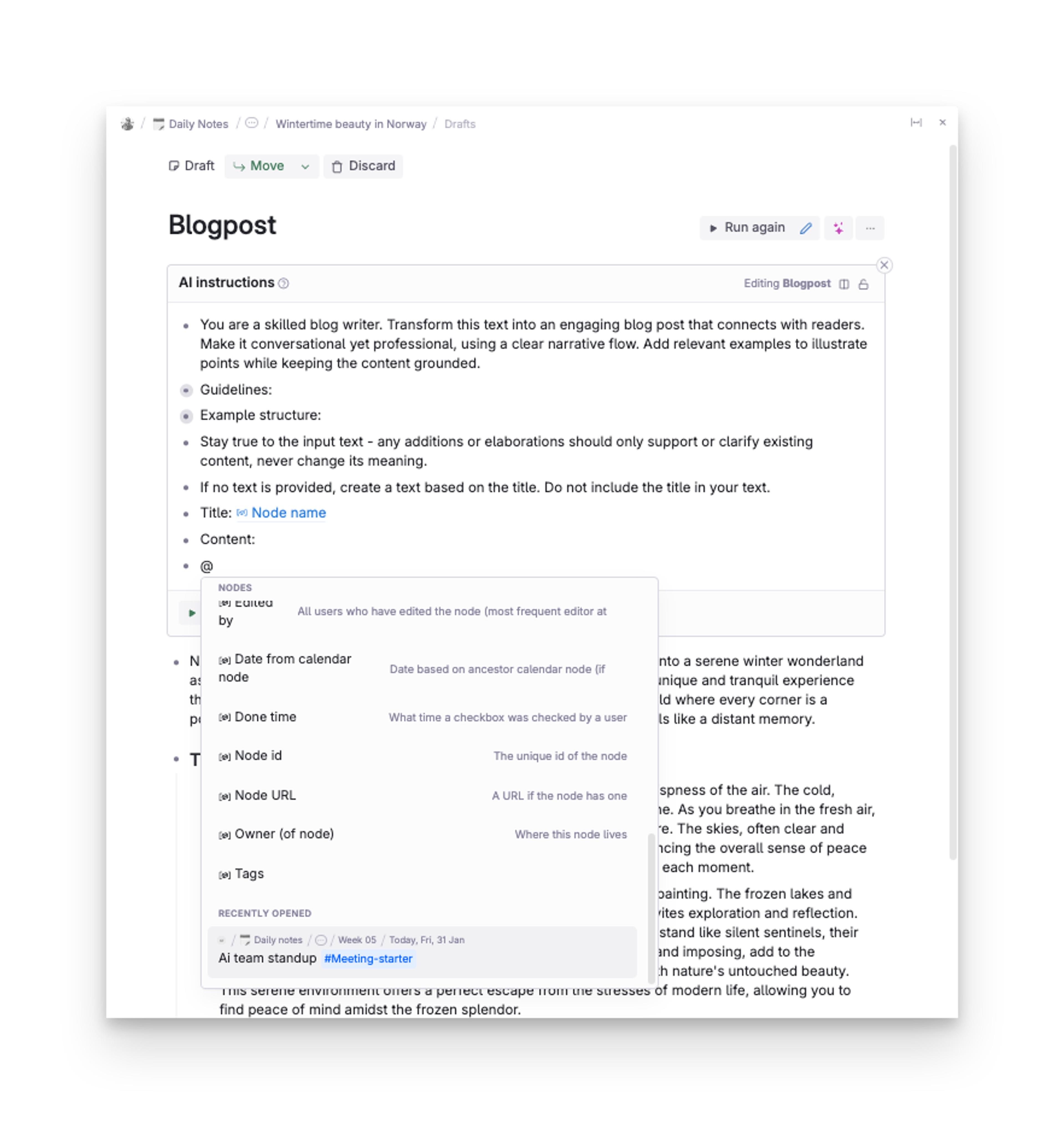 Use@ to see all prompt expression keywords or find specific nodes to reference