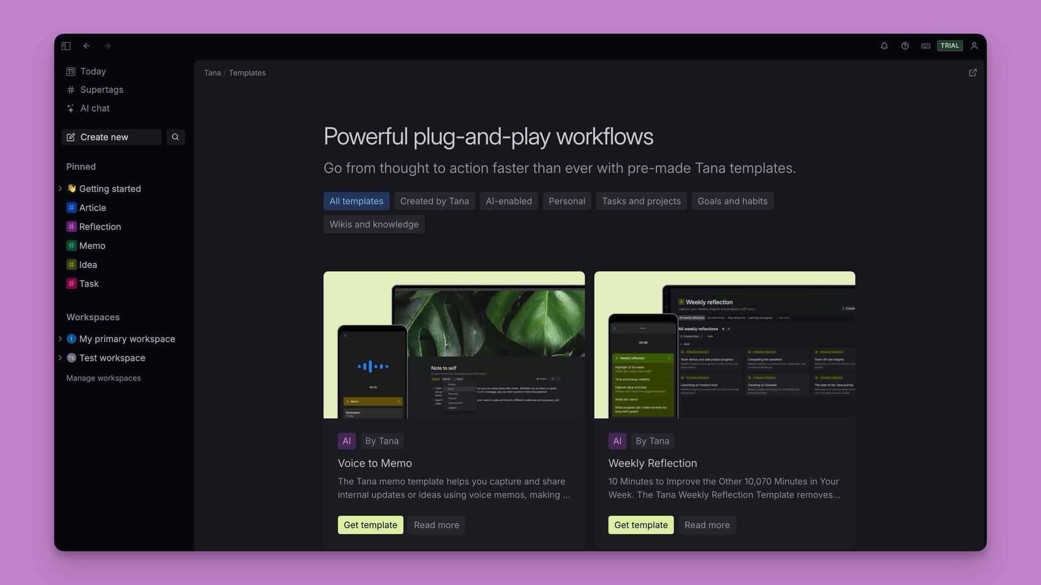 In-app template store in Tana 