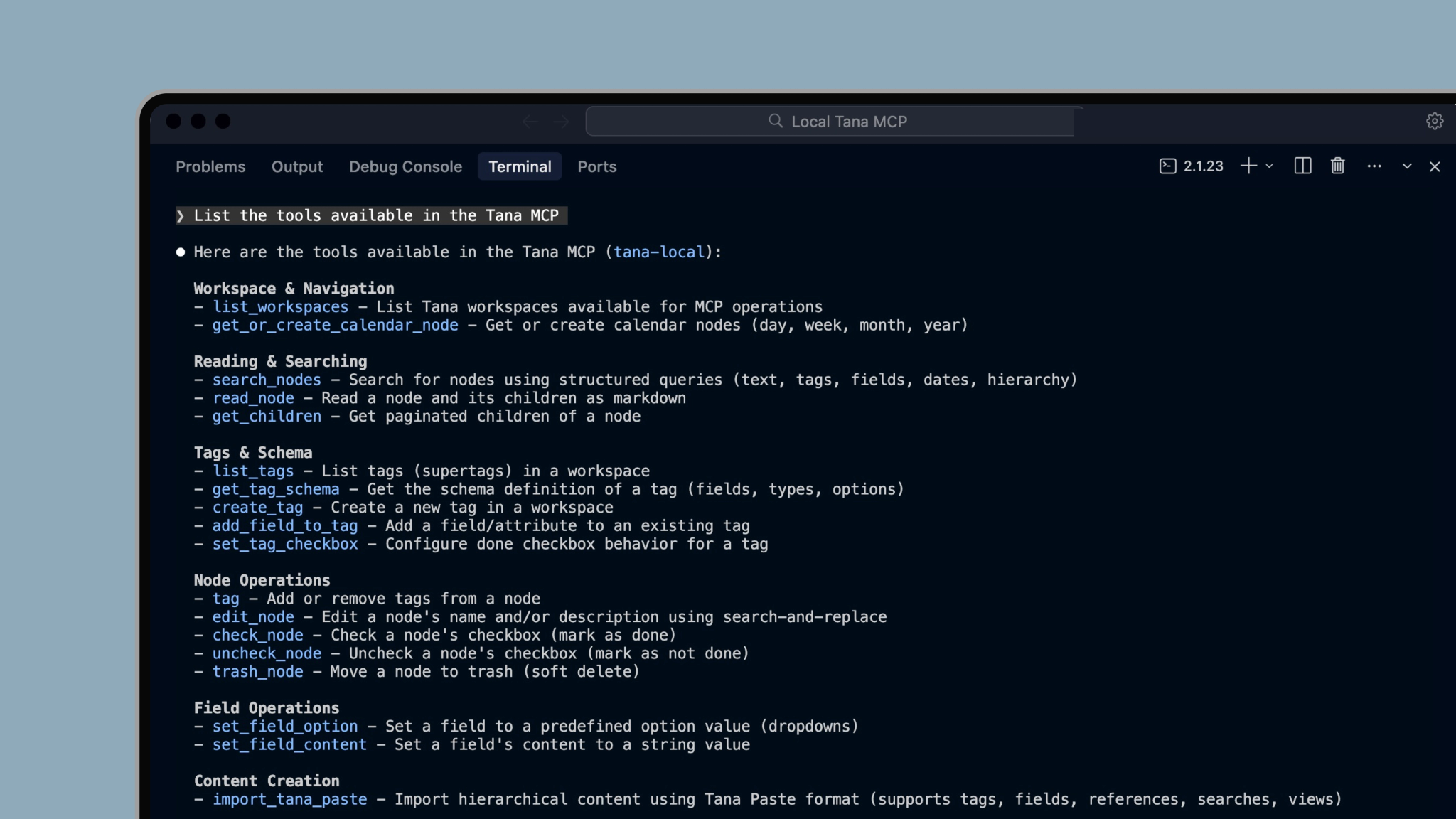 List of the tools available in the Tana MCP