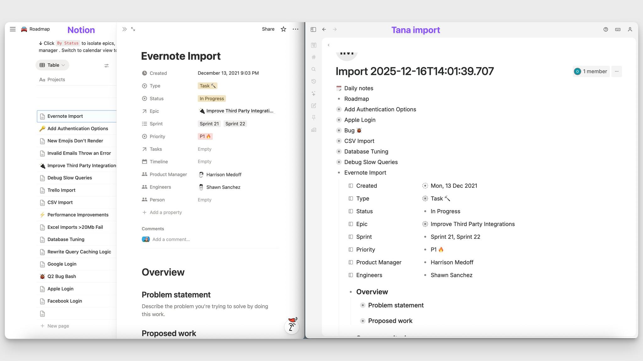 Database items will be created as individual items in Tana, with the property values as fields