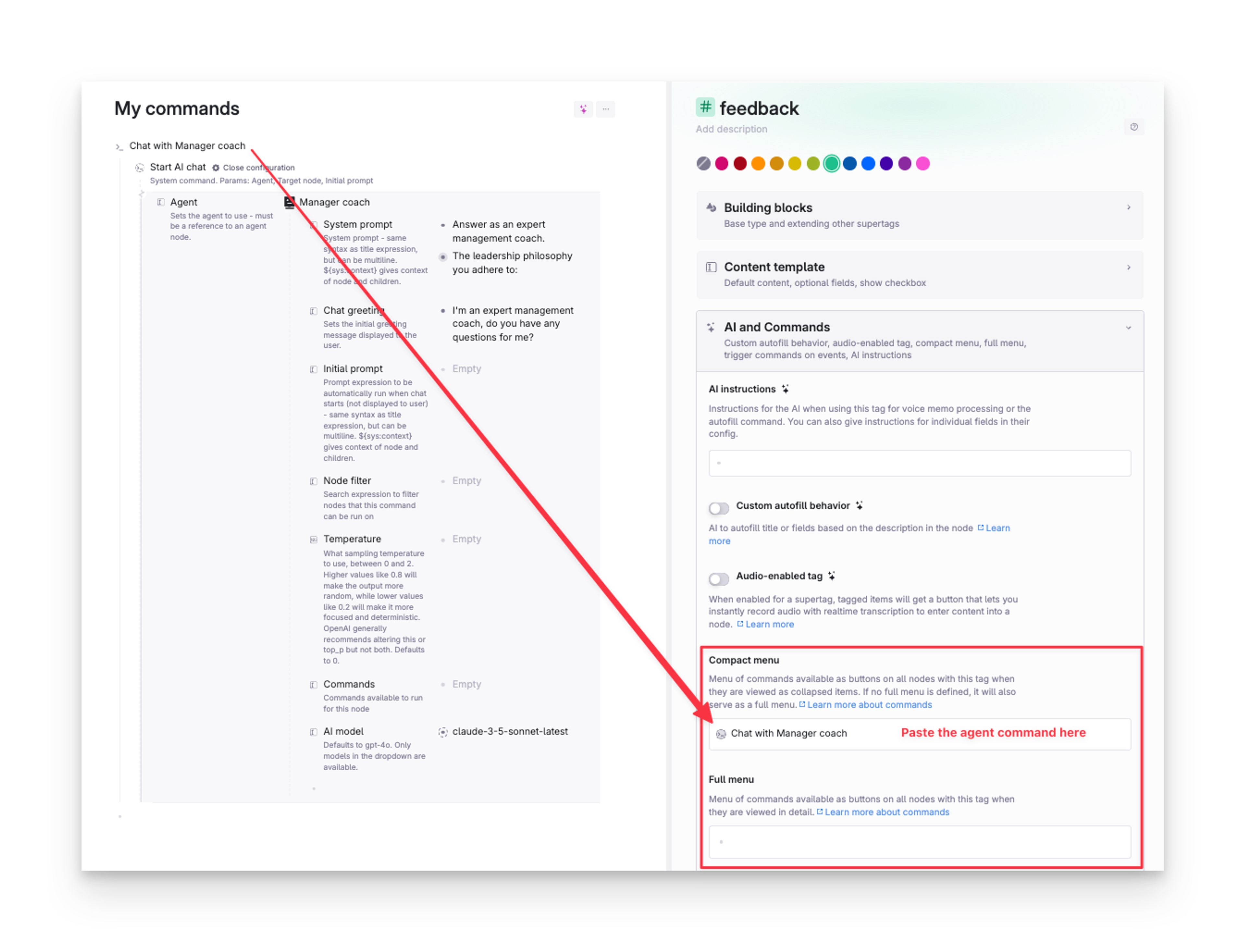 Add agent commands in compact or full menu field to make it appear as button on tagged nodes