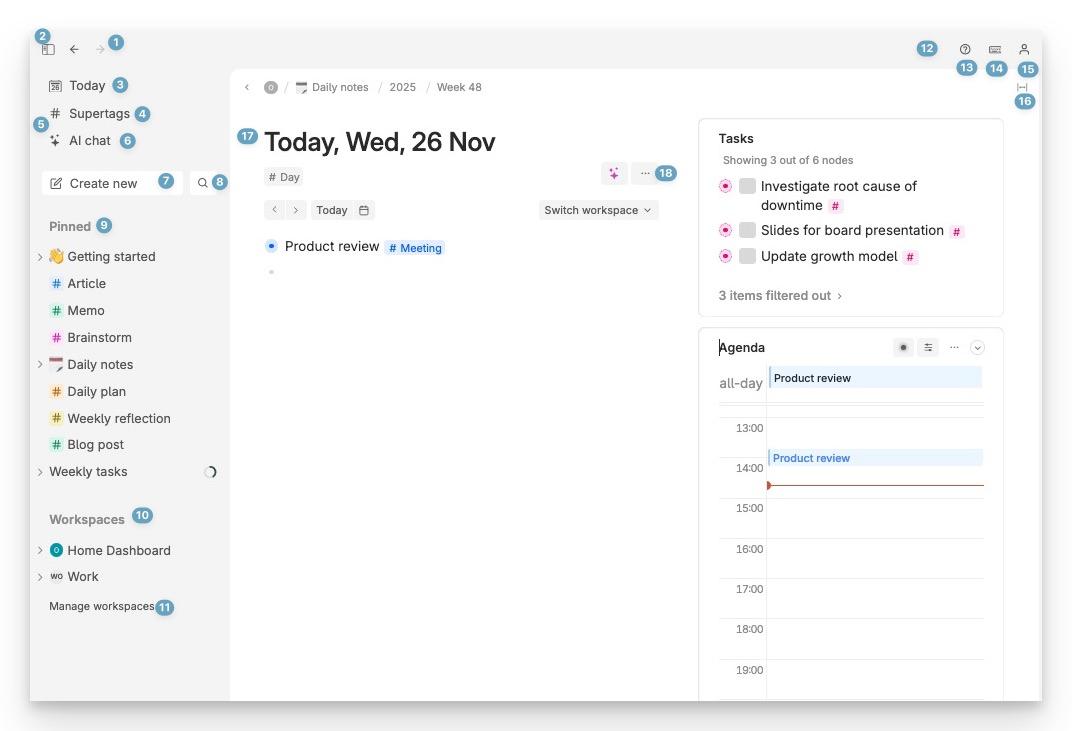 Overview of the most important buttons in Tana